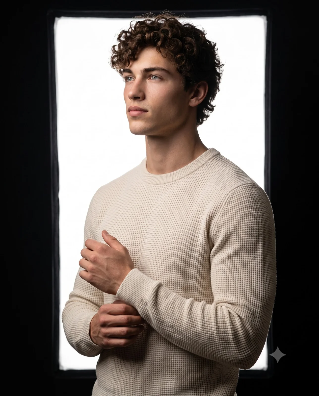 Man in a cream waffle-knit sweater adjusting his cuff before a bright softbox