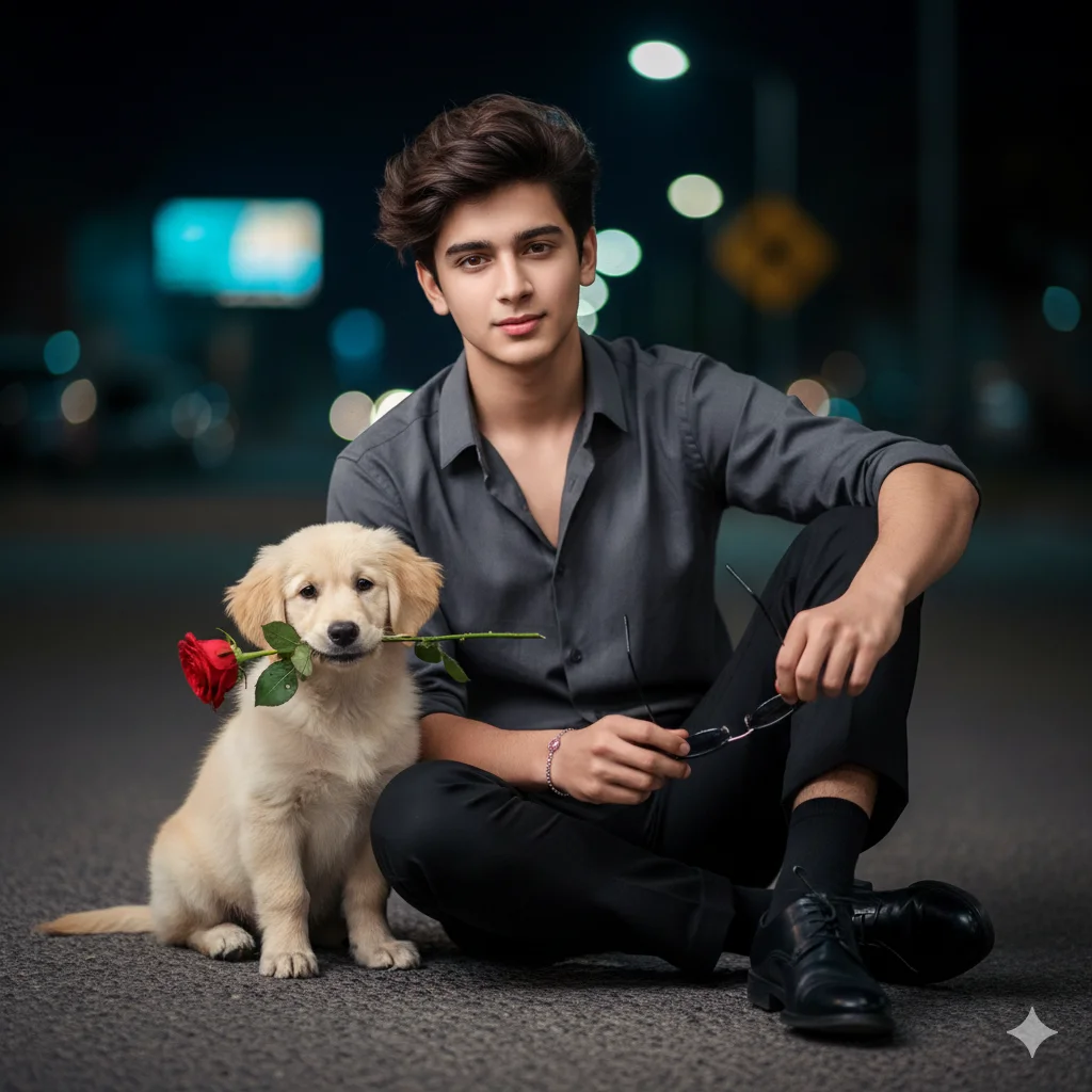 Young man seated on a night street beside a puppy carrying a red rose