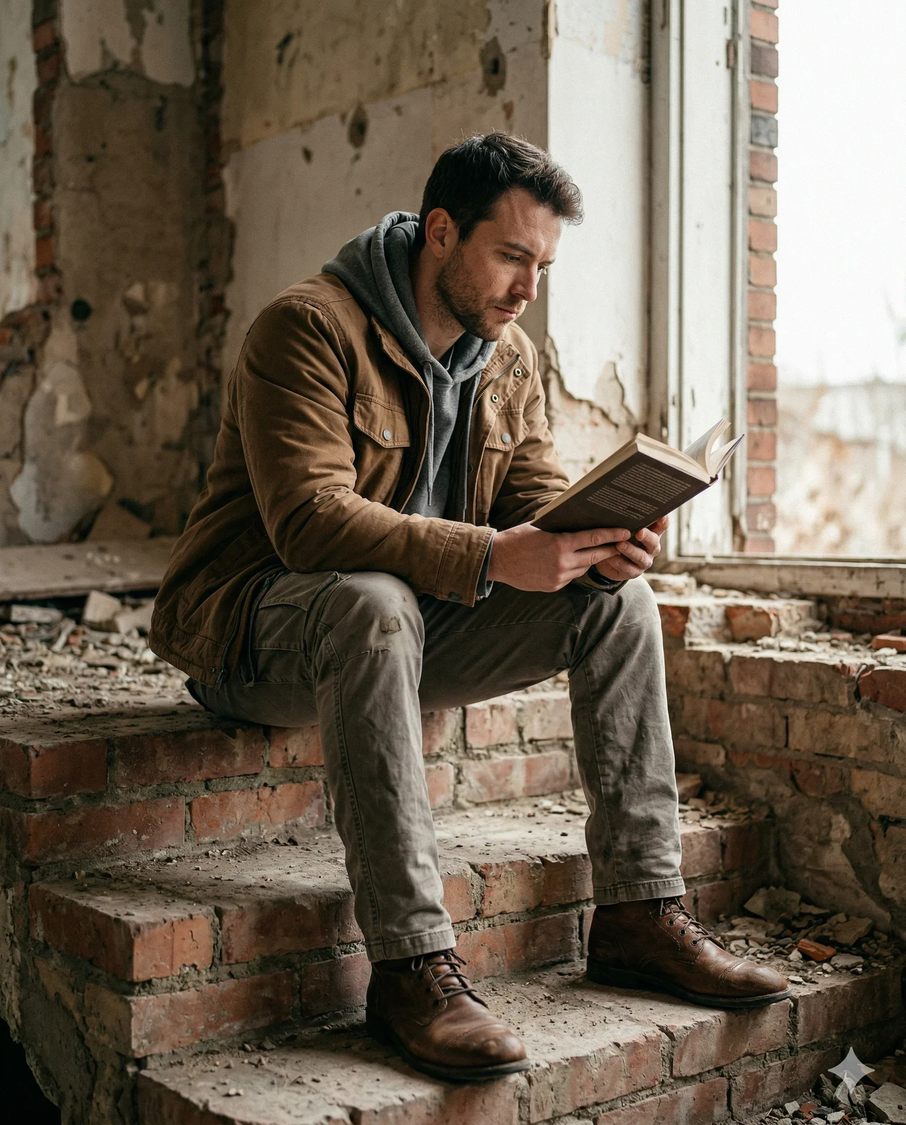 Man in a weathered jacket reading a book on brick steps inside a ruined building