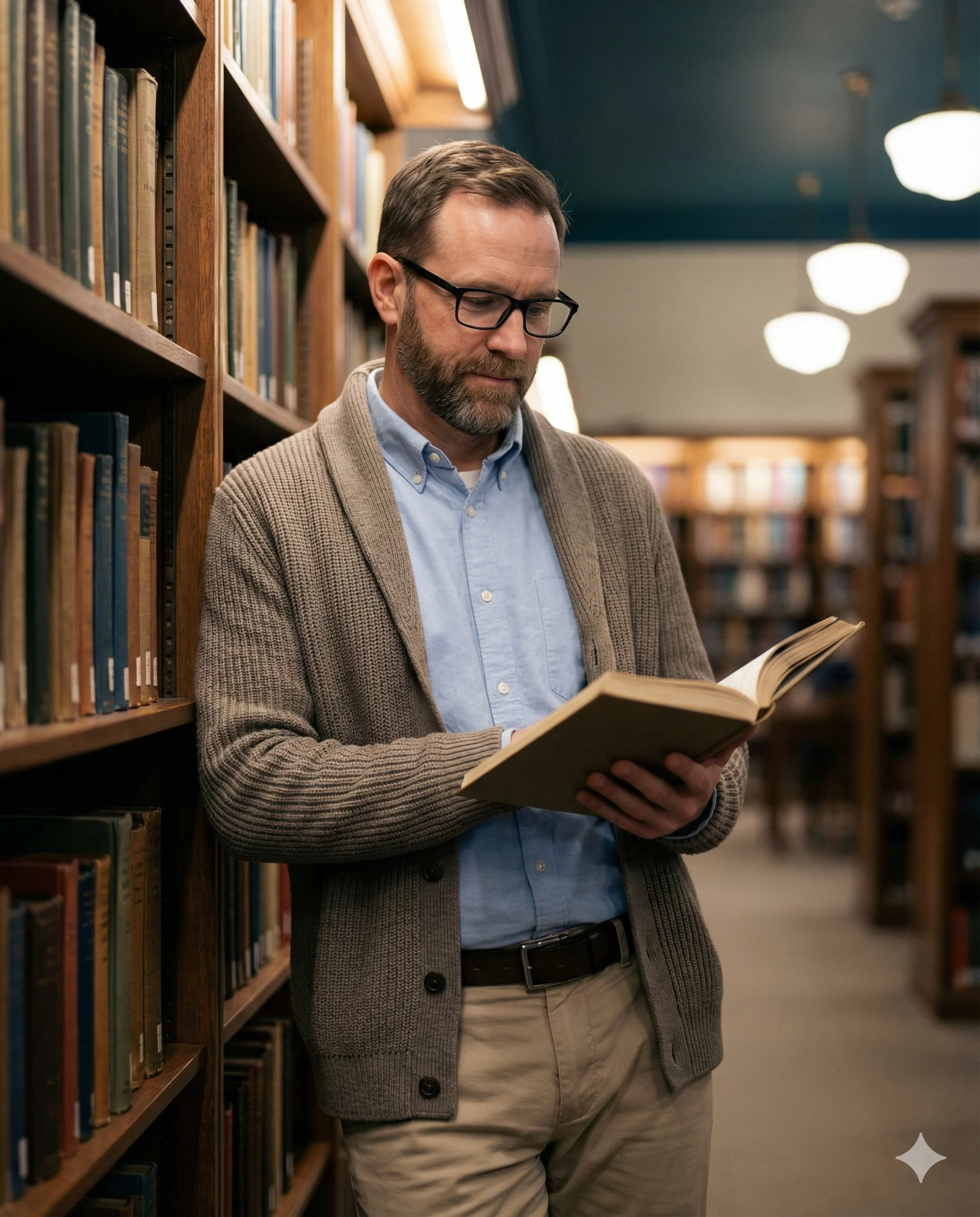 Man with glasses and a cardigan reading beside tall wooden library shelves