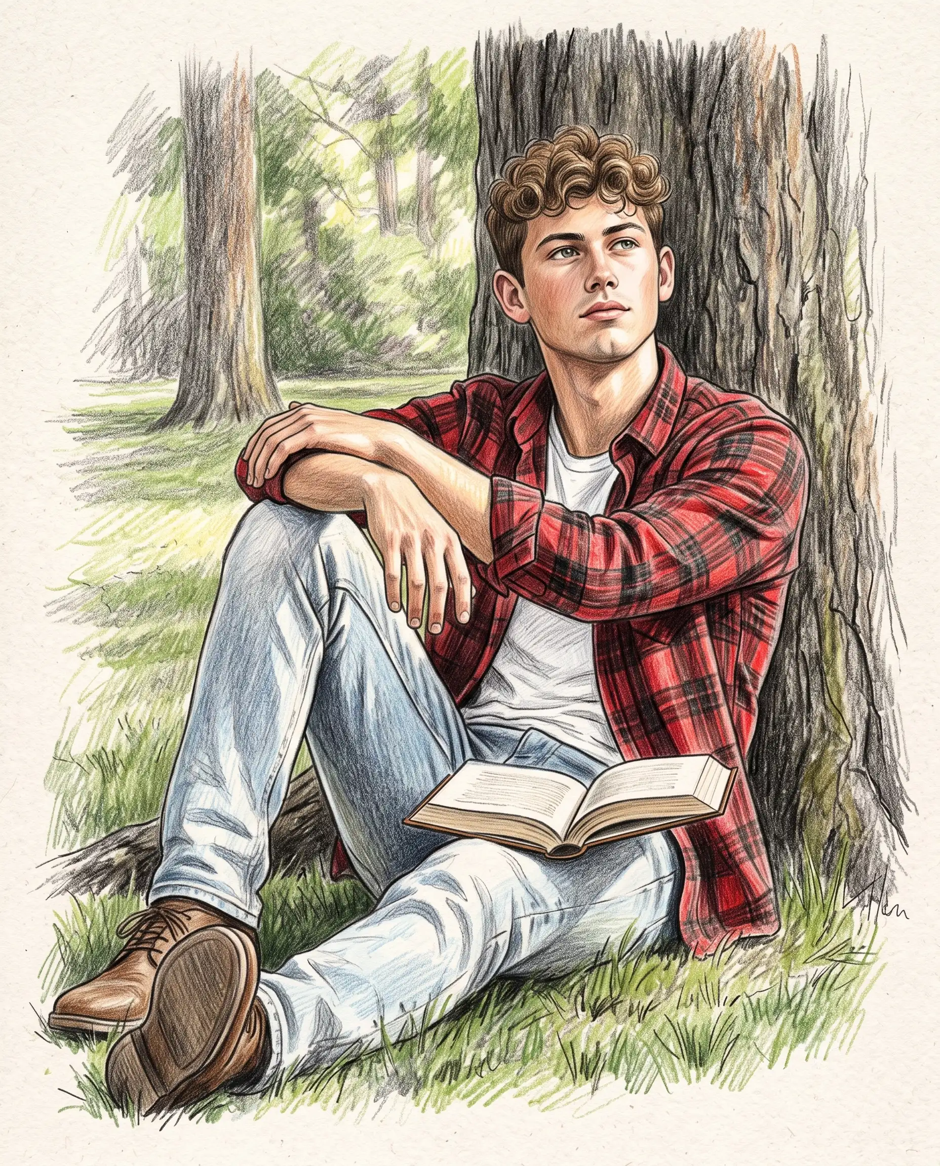 Colored-pencil illustration of a man in a plaid shirt seated with a book beneath a tree