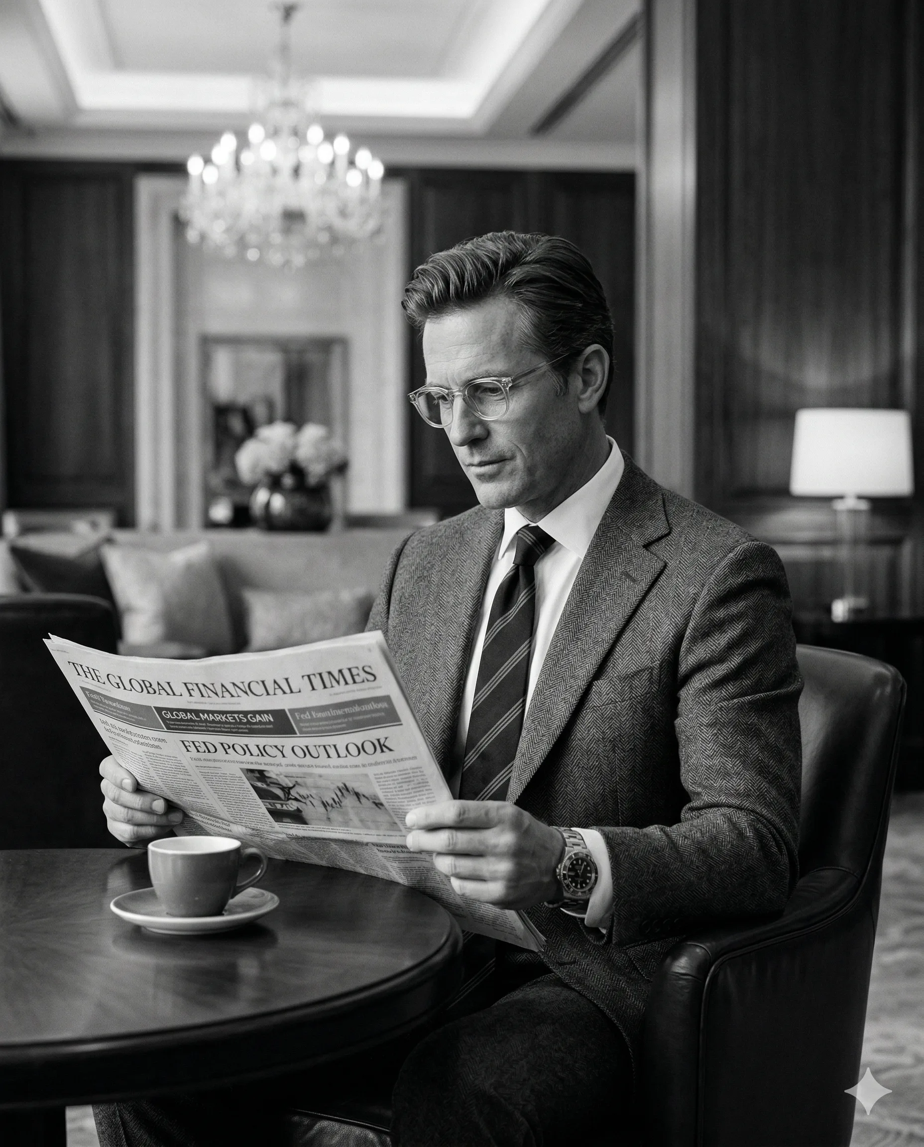 Suited man reading a newspaper beside a coffee cup in a black-and-white lounge