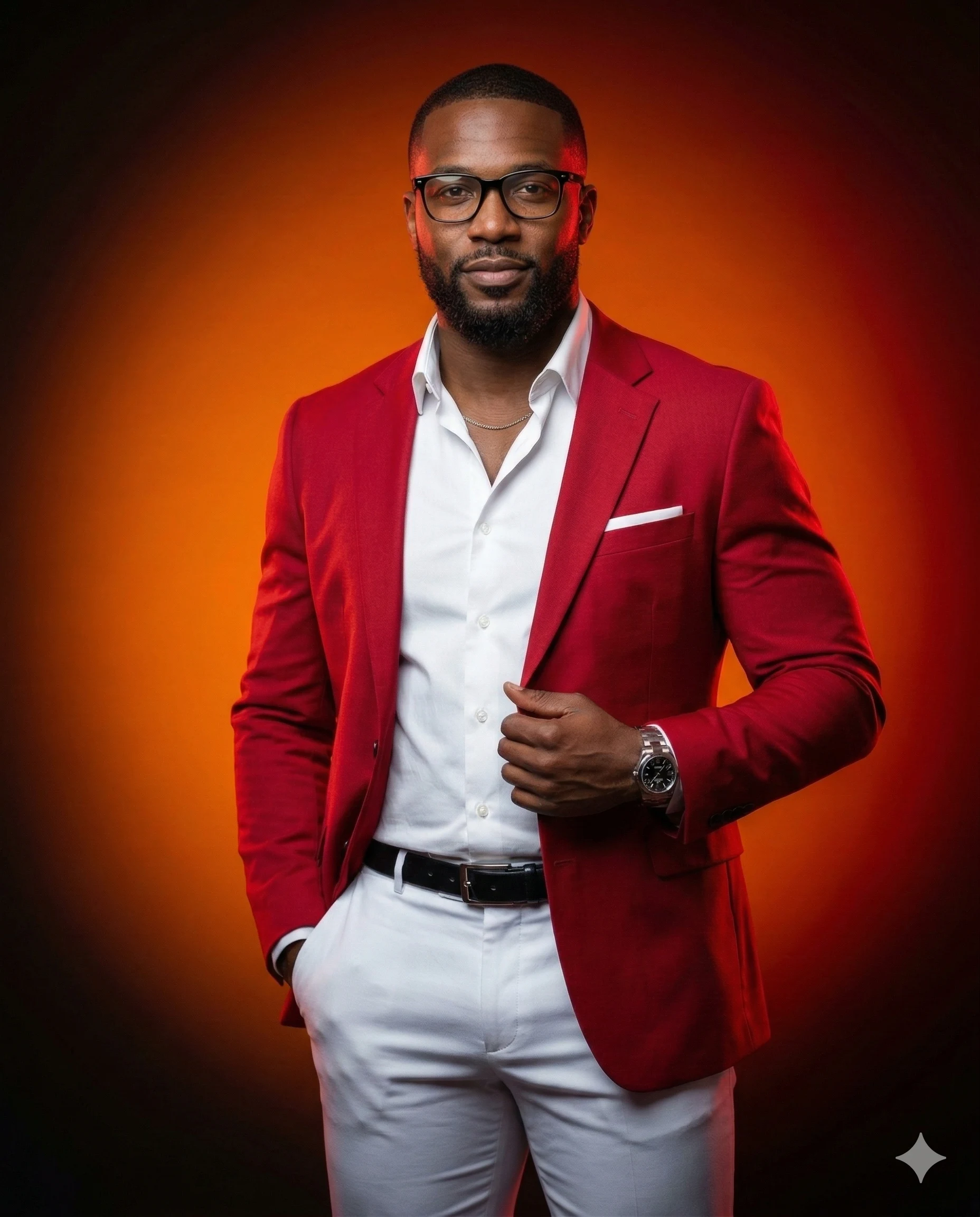Man in a crimson blazer and white trousers against a glowing orange-red background