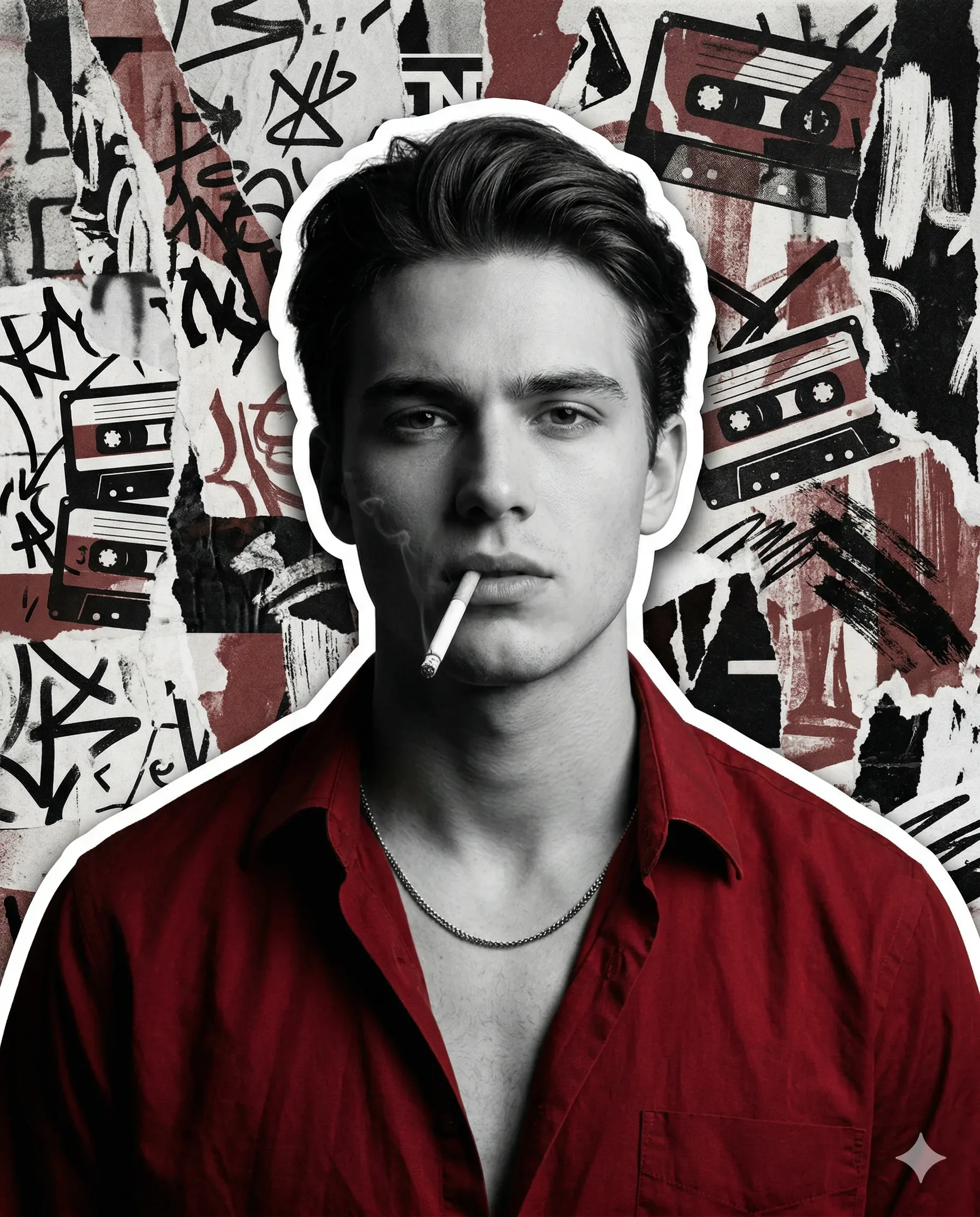 Black-and-white man in a red shirt smoking before a layered grunge collage
