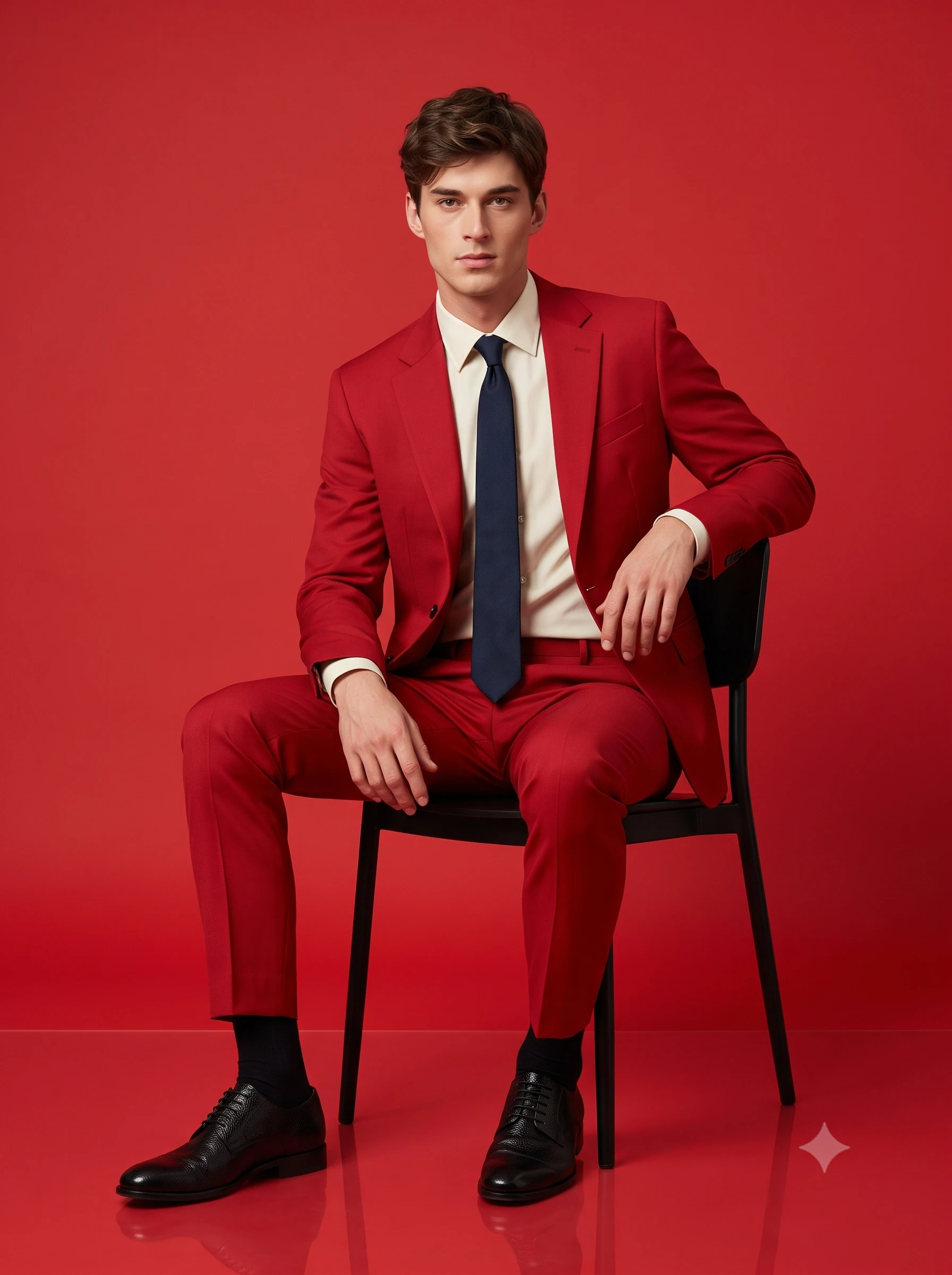 Man in a tailored red suit seated on a black chair against a vibrant red backdrop