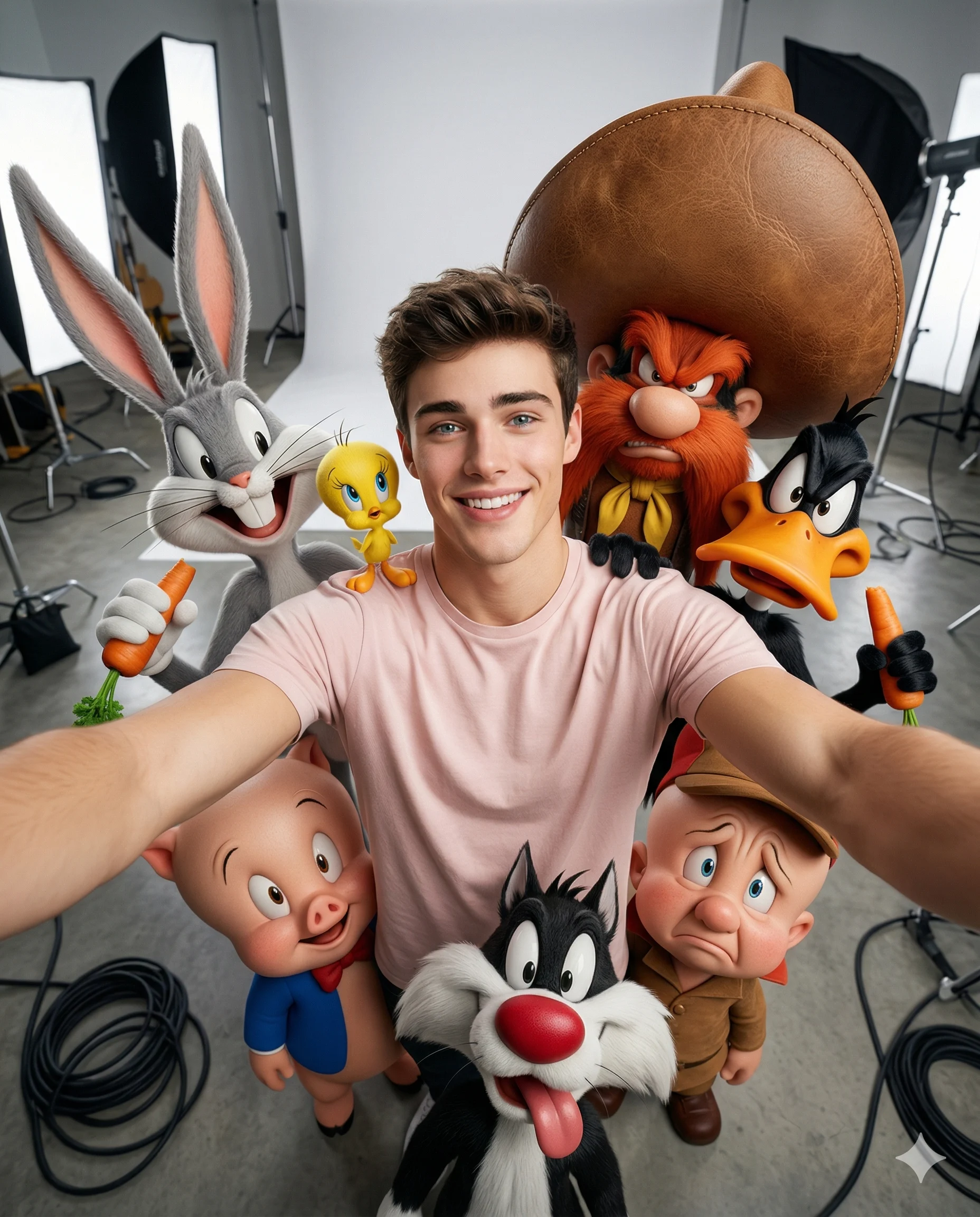 Young man taking a studio selfie surrounded by colorful animated animal characters