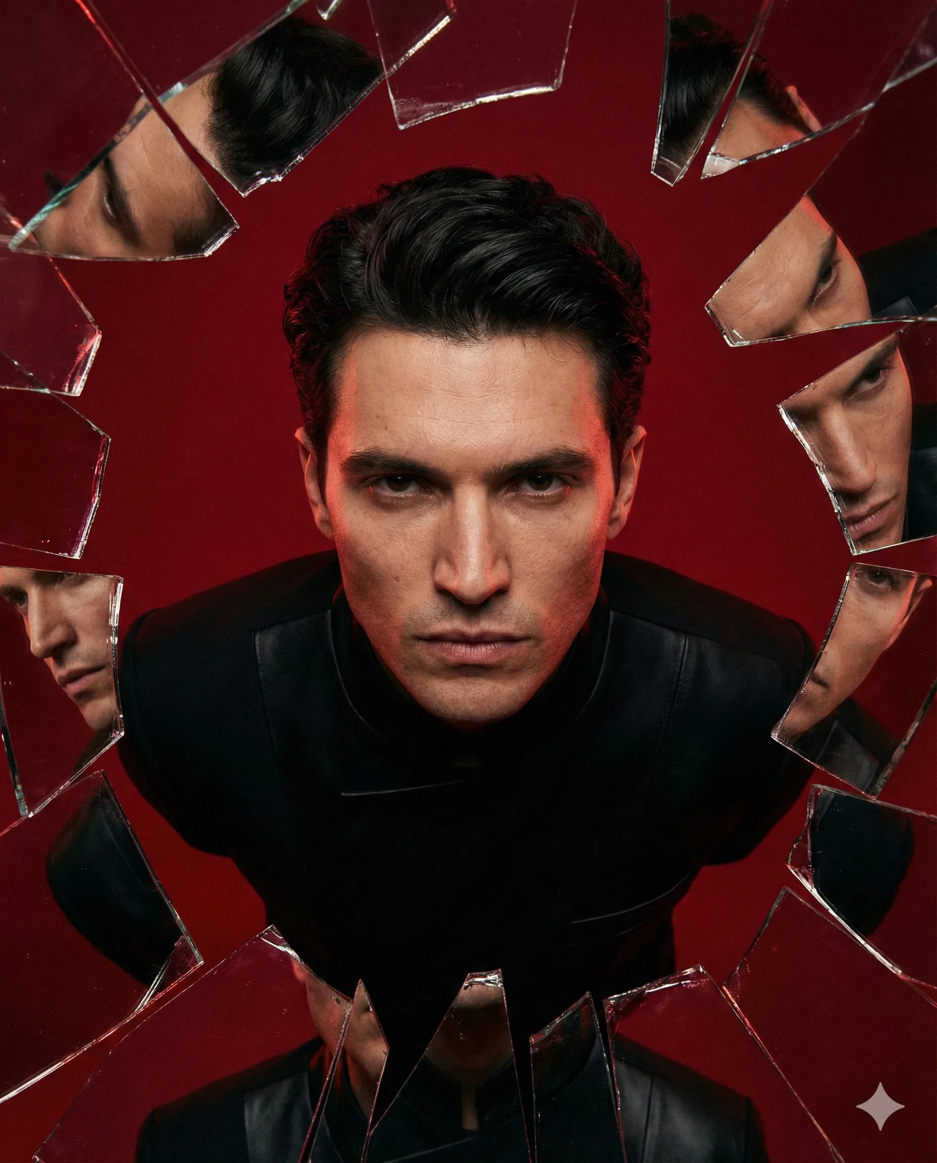 Intense man in black framed by reflective shattered glass against a red background