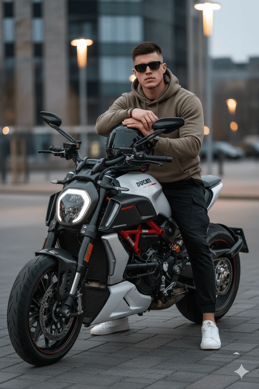 Man in a khaki hoodie seated on a customized white-and-black motorcycle