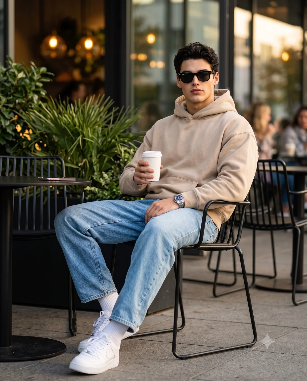 Man in a beige hoodie holding coffee at a plant-filled outdoor cafe