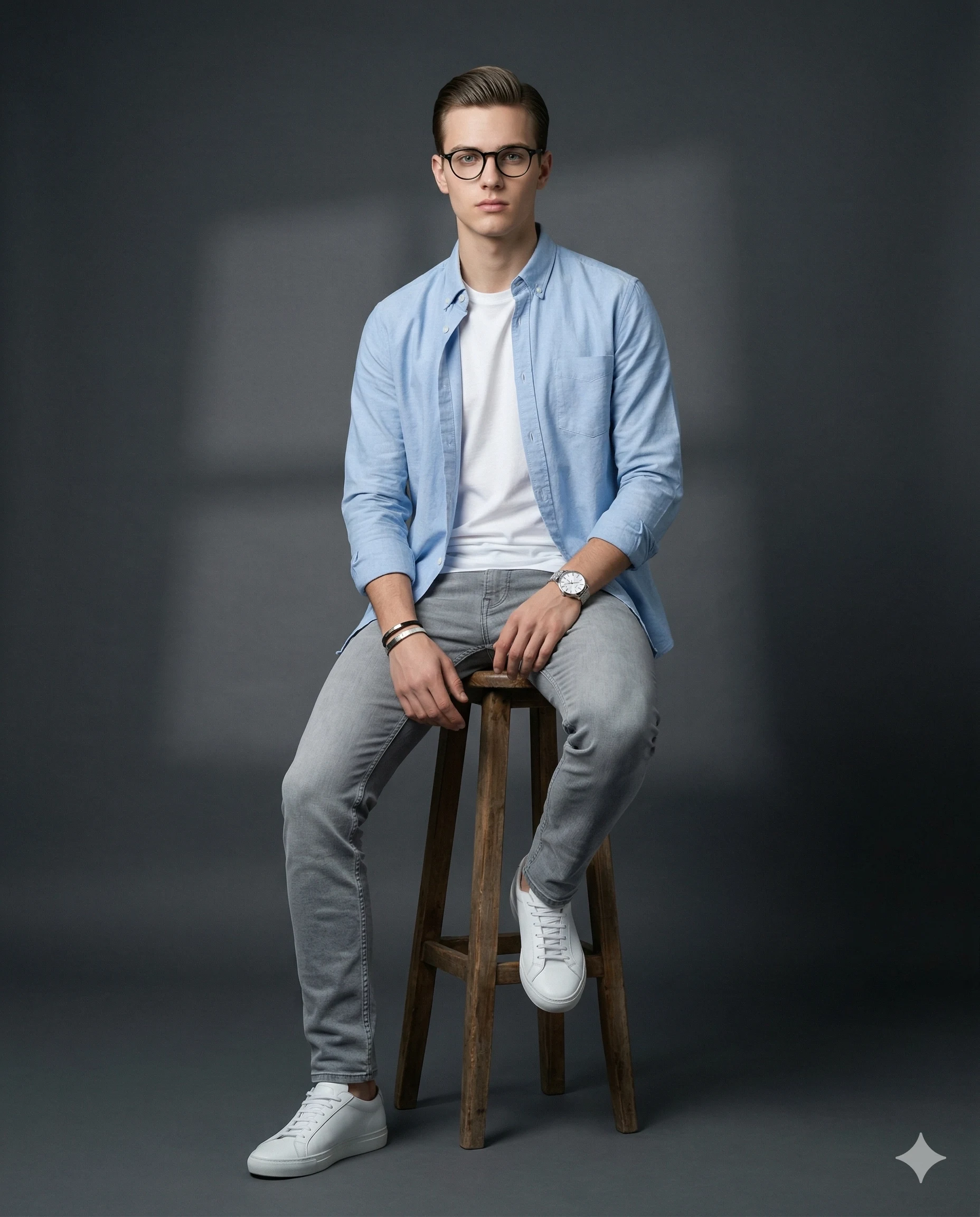Man in an open blue shirt and gray jeans seated on a wooden stool