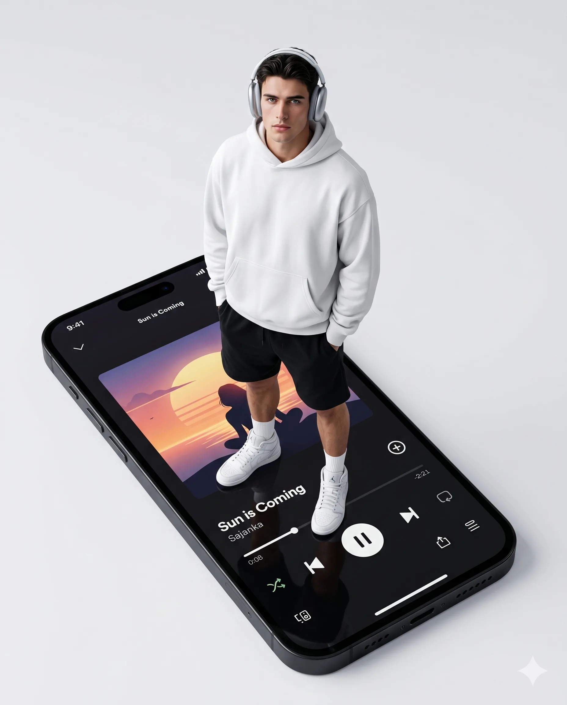 Man wearing headphones standing on a giant smartphone music screen