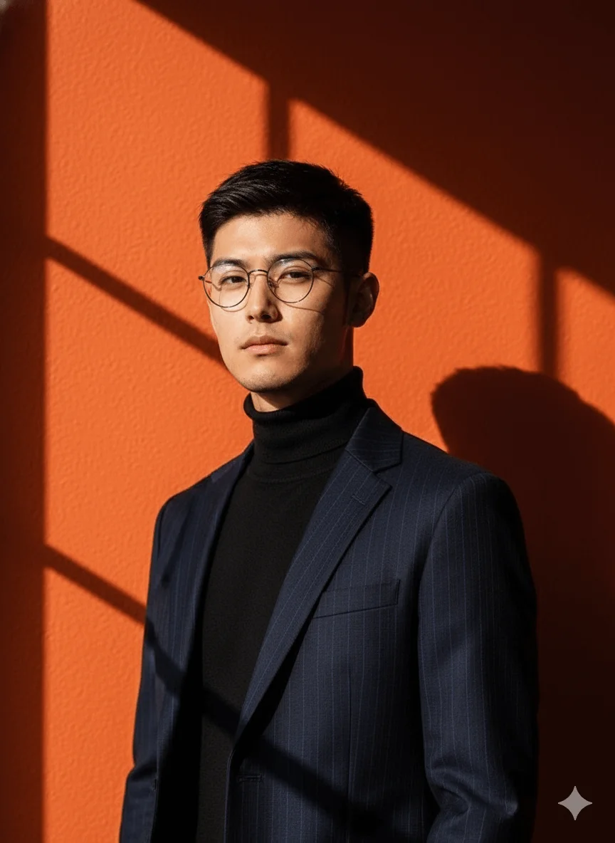 Man in round glasses and a dark blazer standing against an orange wall with window shadows