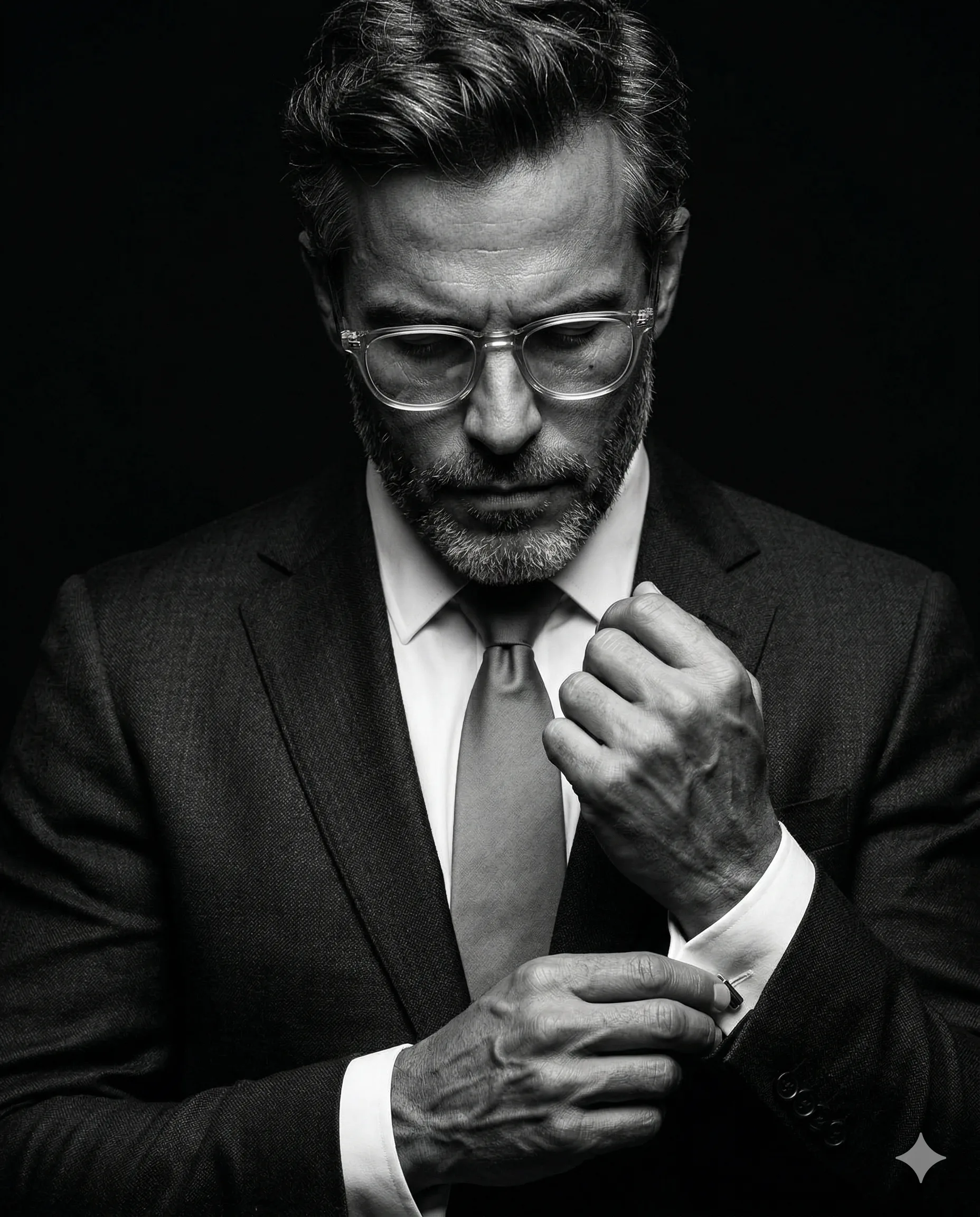 Suited man looking down while adjusting a cufflink in monochrome light