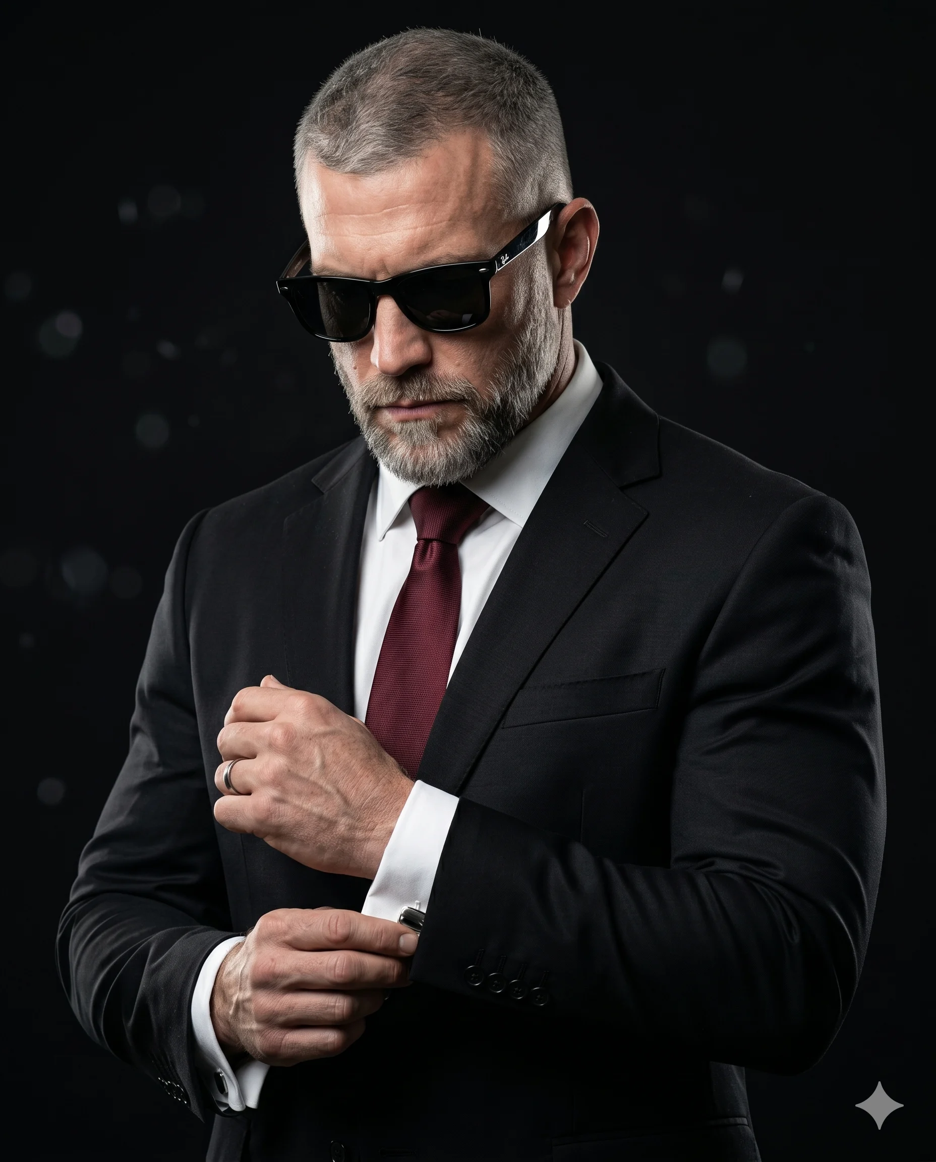 Man in black sunglasses and a burgundy tie adjusting his shirt cuff