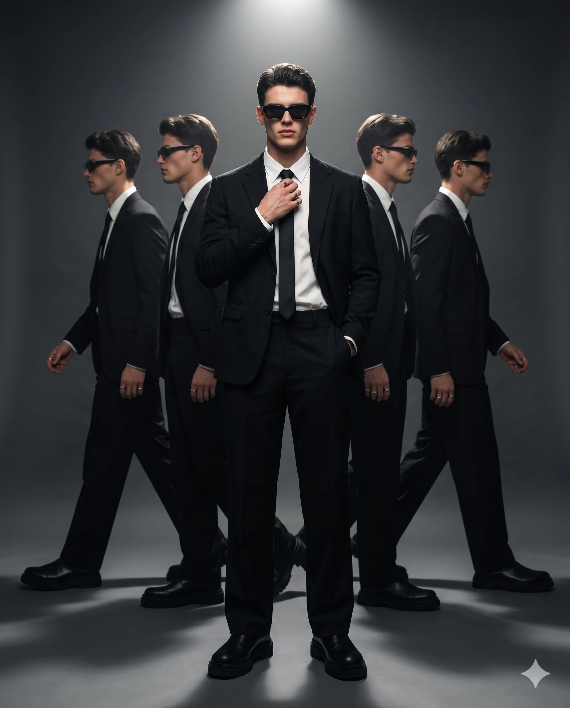 Man in a black suit standing before four walking versions of himself