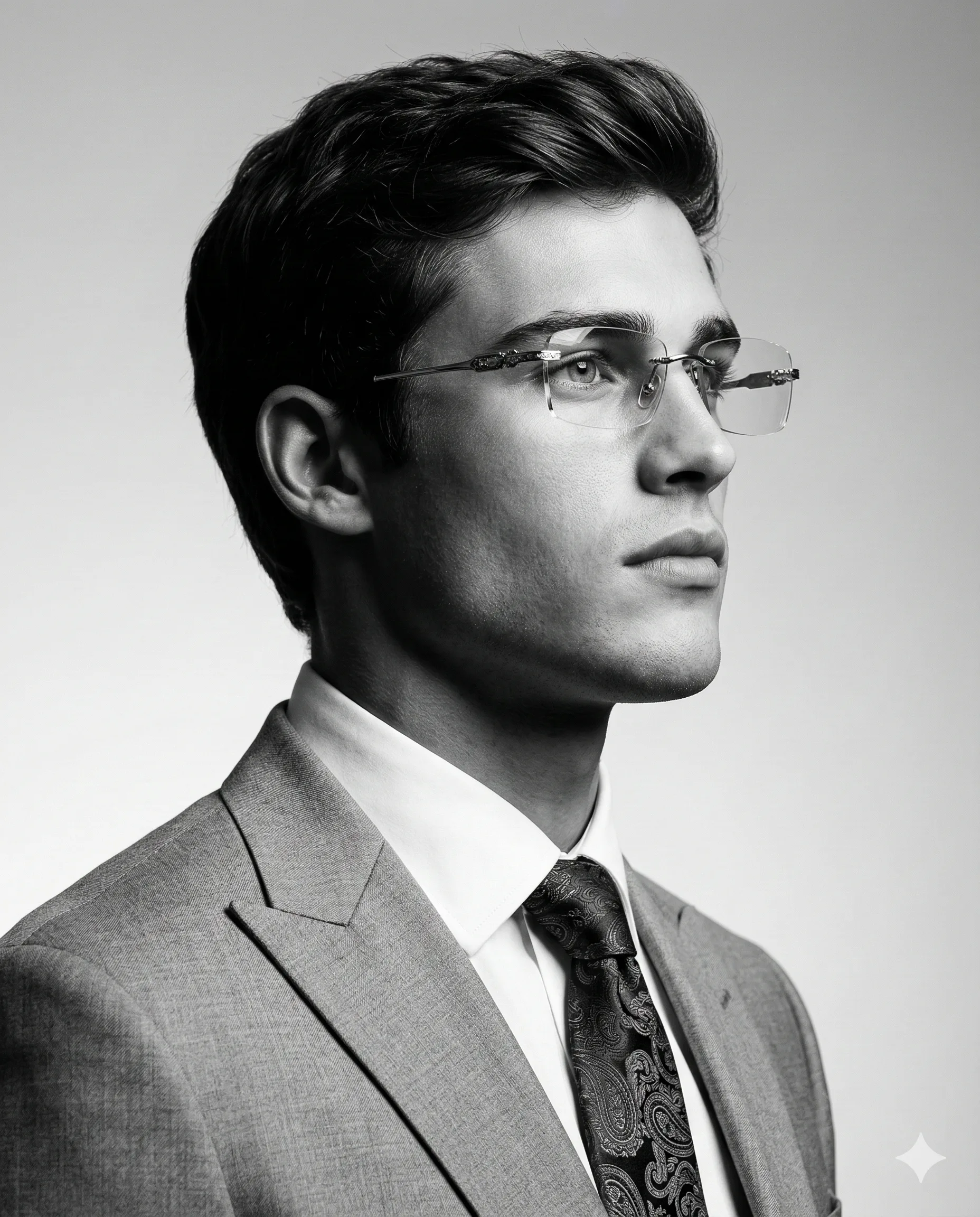 Right-facing monochrome profile of a suited man wearing rimless glasses