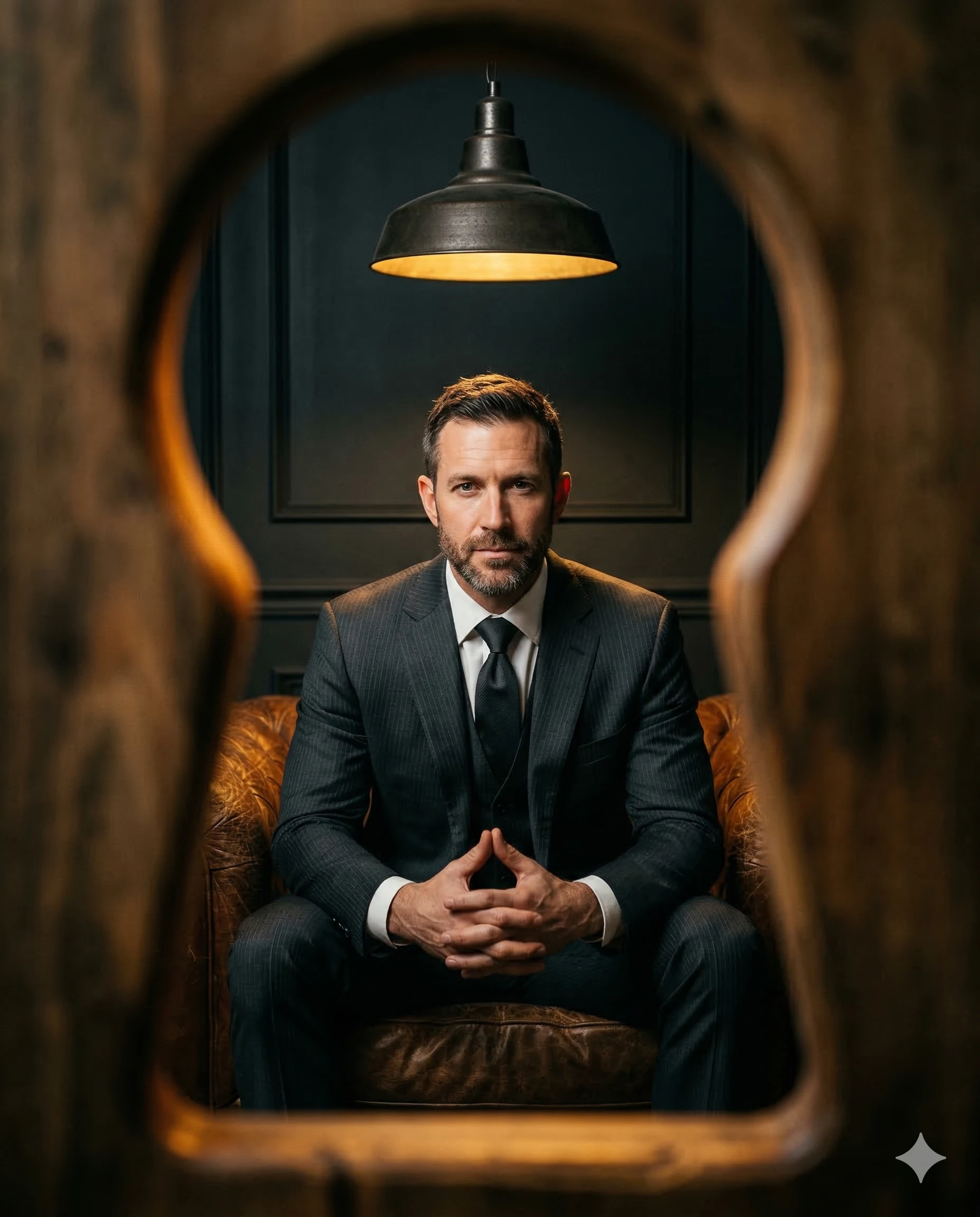 Suited man seated under a pendant lamp as viewed through a wooden keyhole