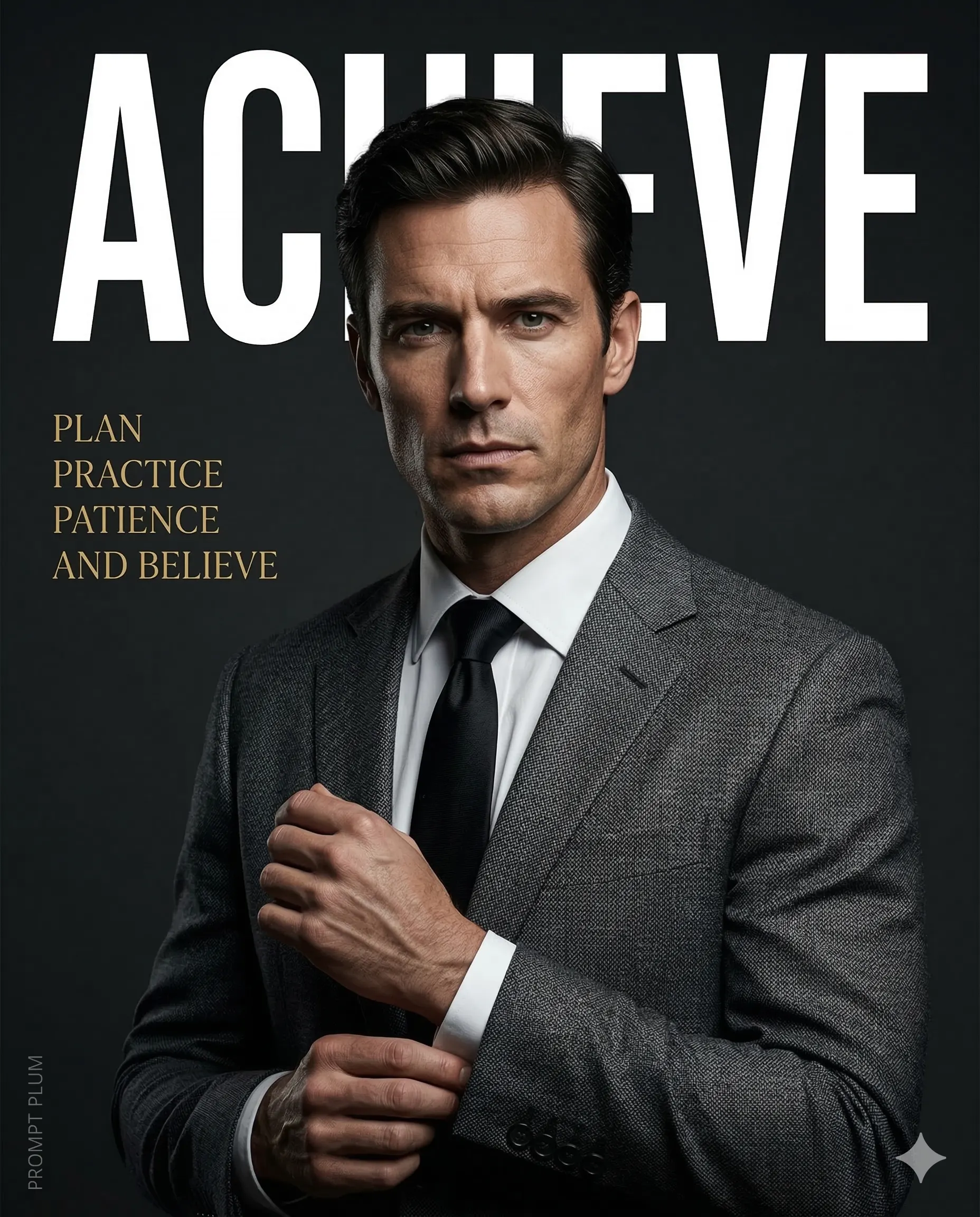 Man in a charcoal suit adjusting his cuff beneath bold ACHIEVE text