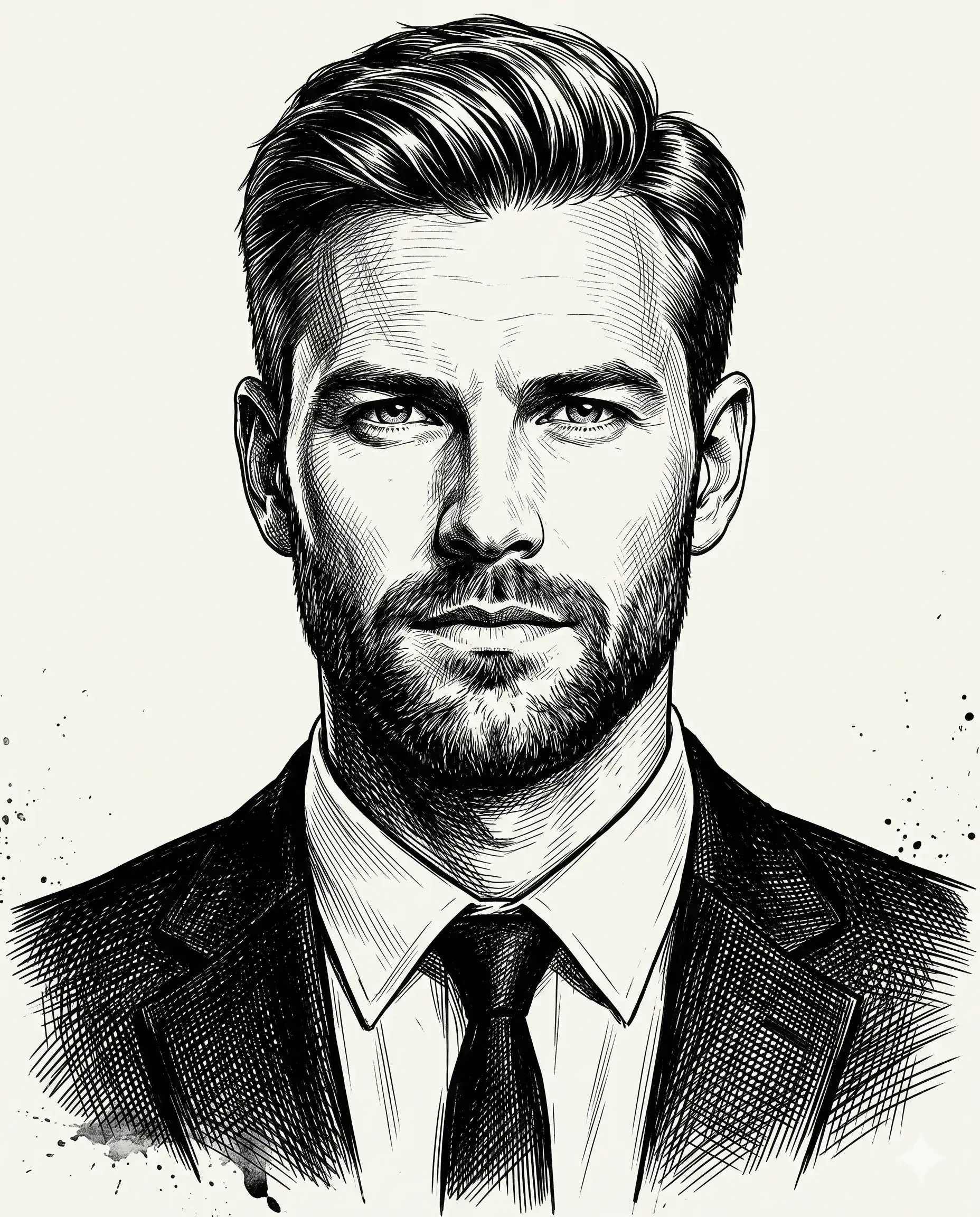 Black-and-white crosshatched ink portrait of a man wearing a suit and tie