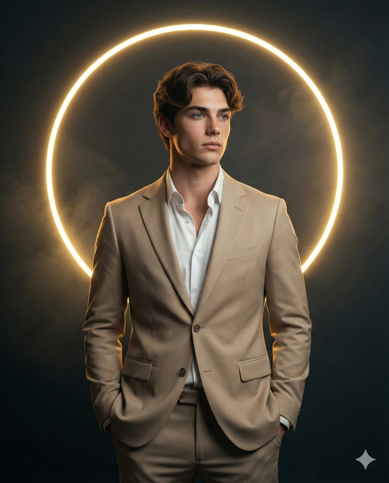 Man wearing a tan suit and white shirt standing before a circular golden light on a dark background