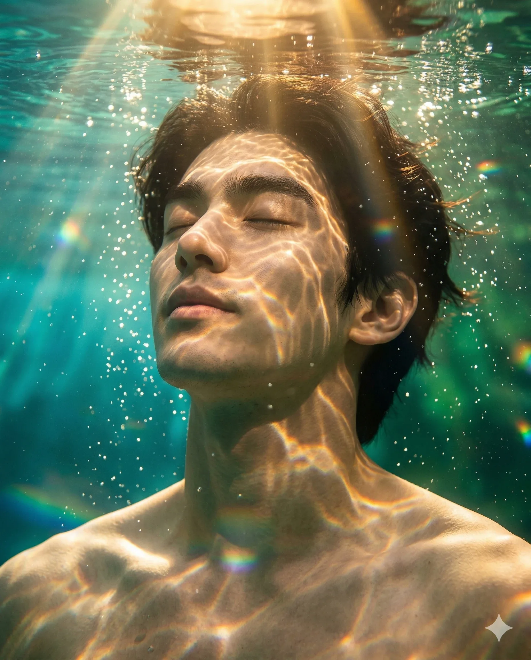 Man with closed eyes submerged beneath golden sunlight and rising bubbles