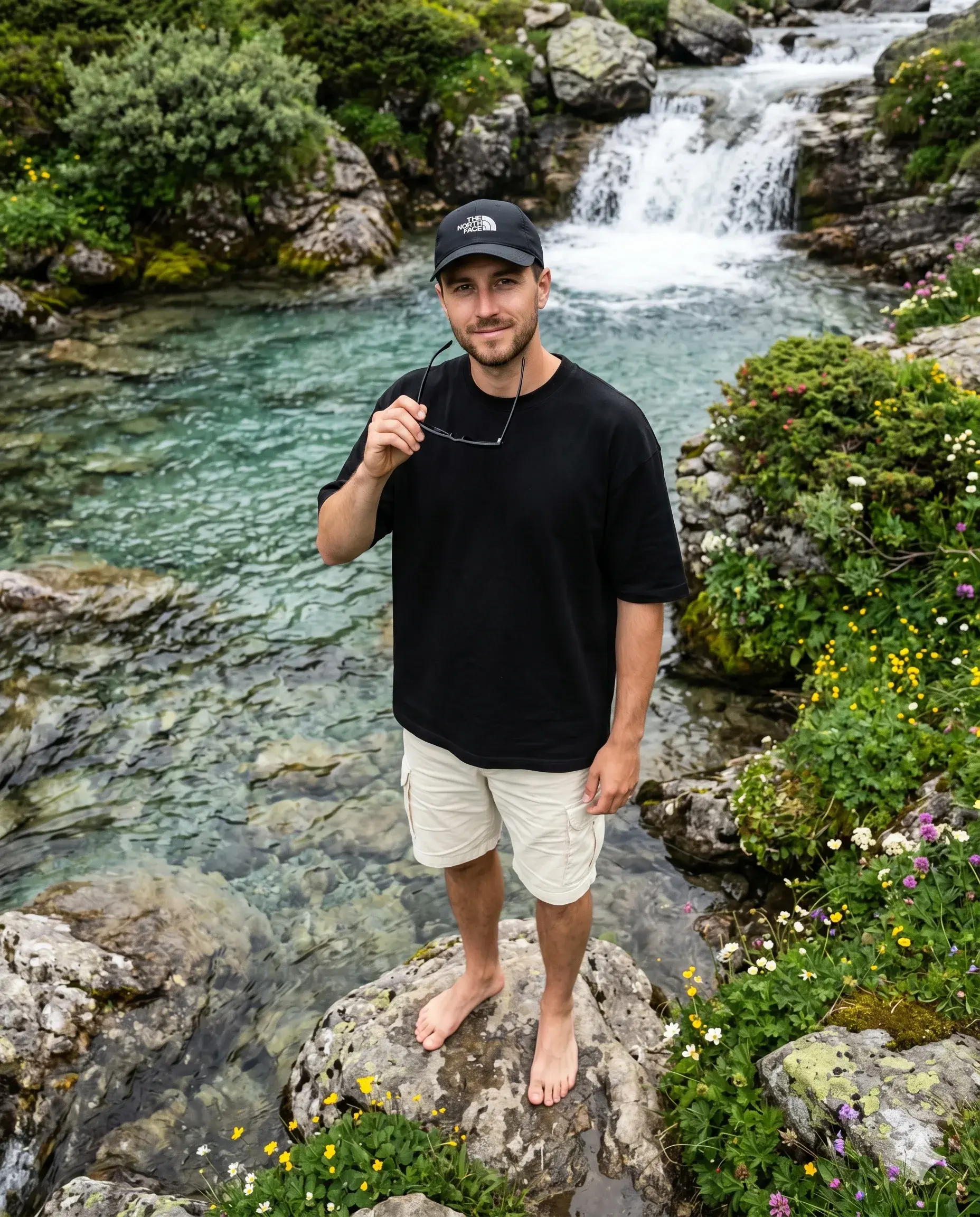 Barefoot man in a black shirt standing on a rock beside a mountain waterfall