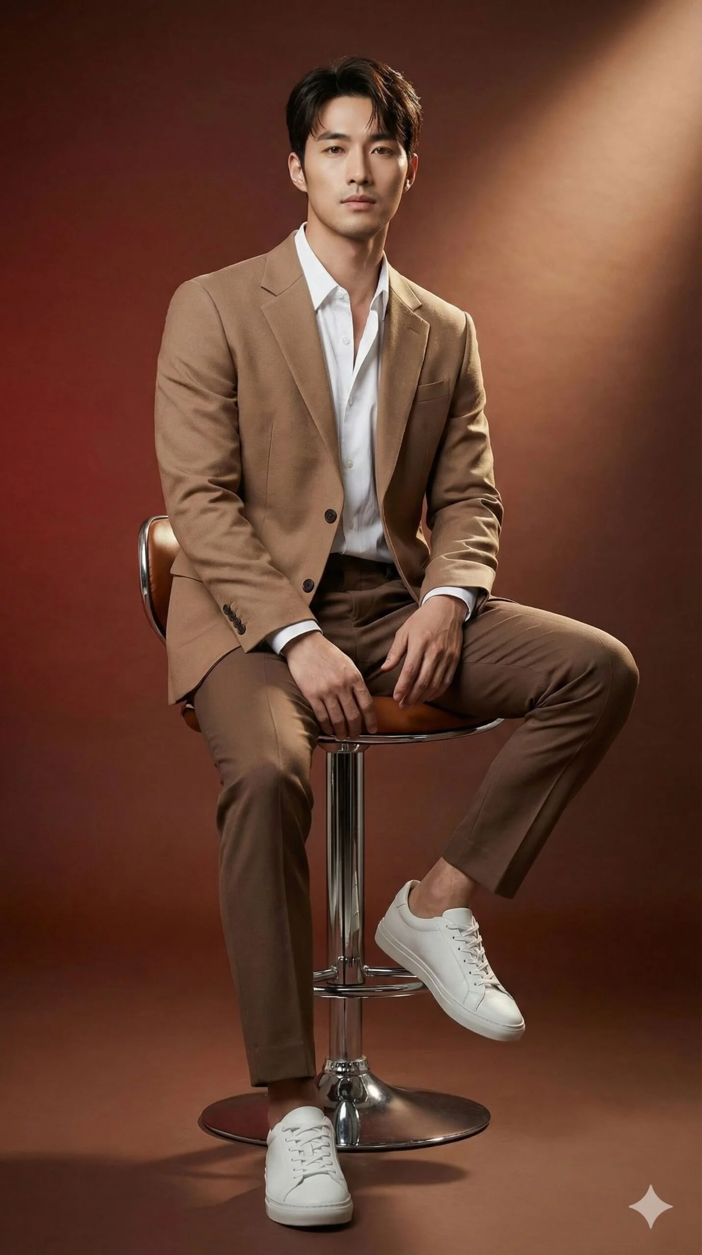 Seated man in a light-brown suit and white sneakers against a warm studio gradient