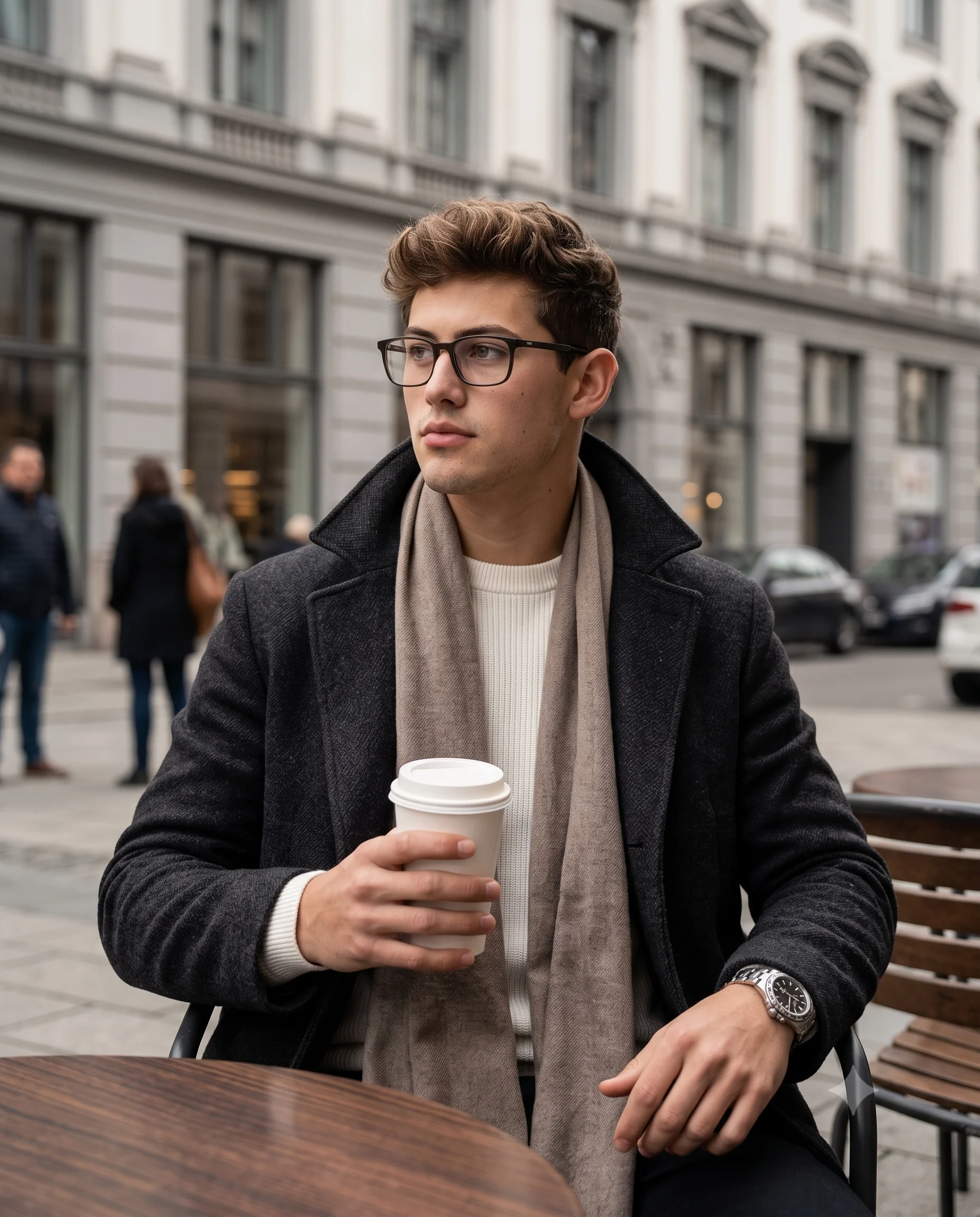 Man in a dark coat and scarf holding a white coffee cup at an outdoor cafe