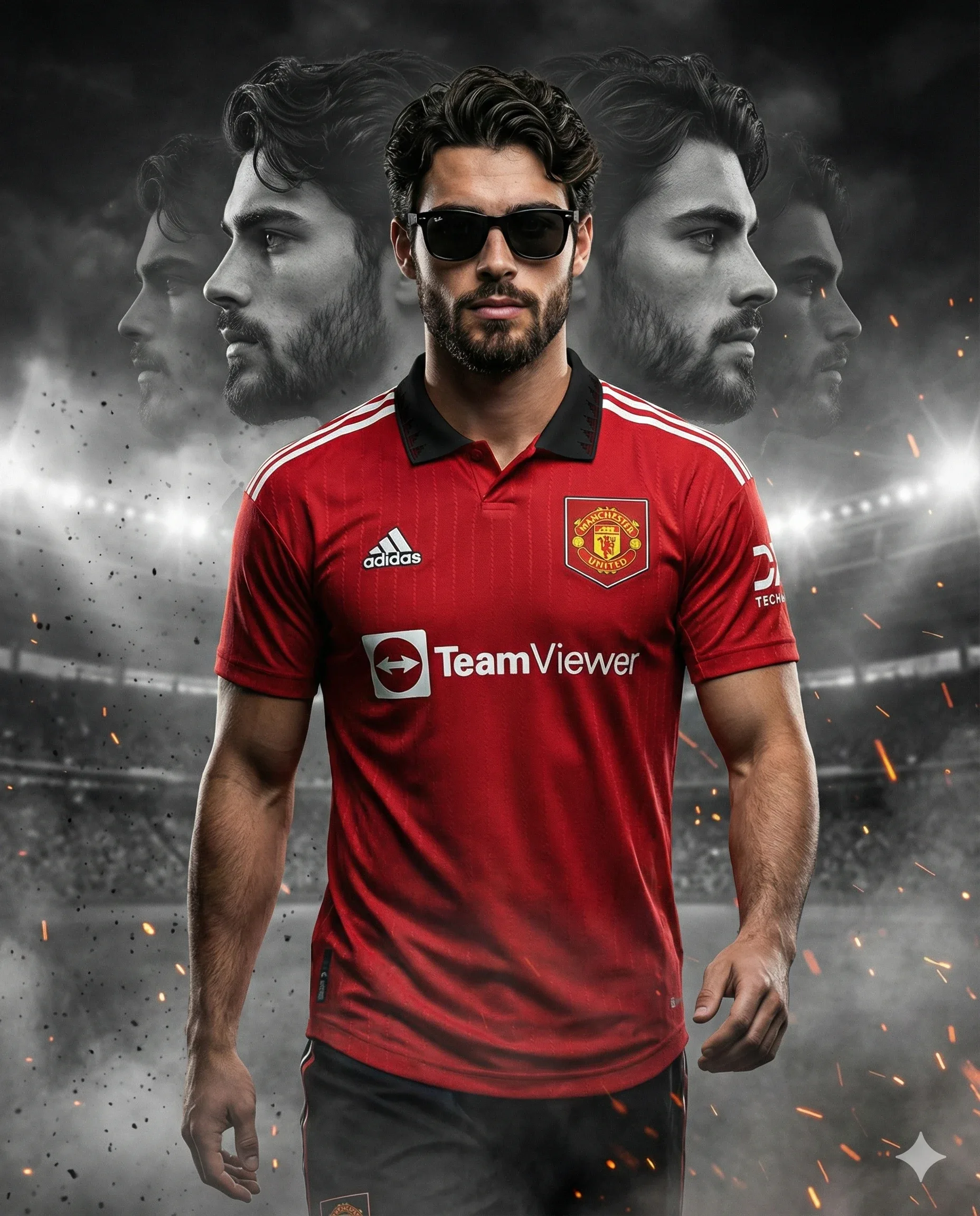 Football player in a red jersey walking through a stadium with layered portraits behind him