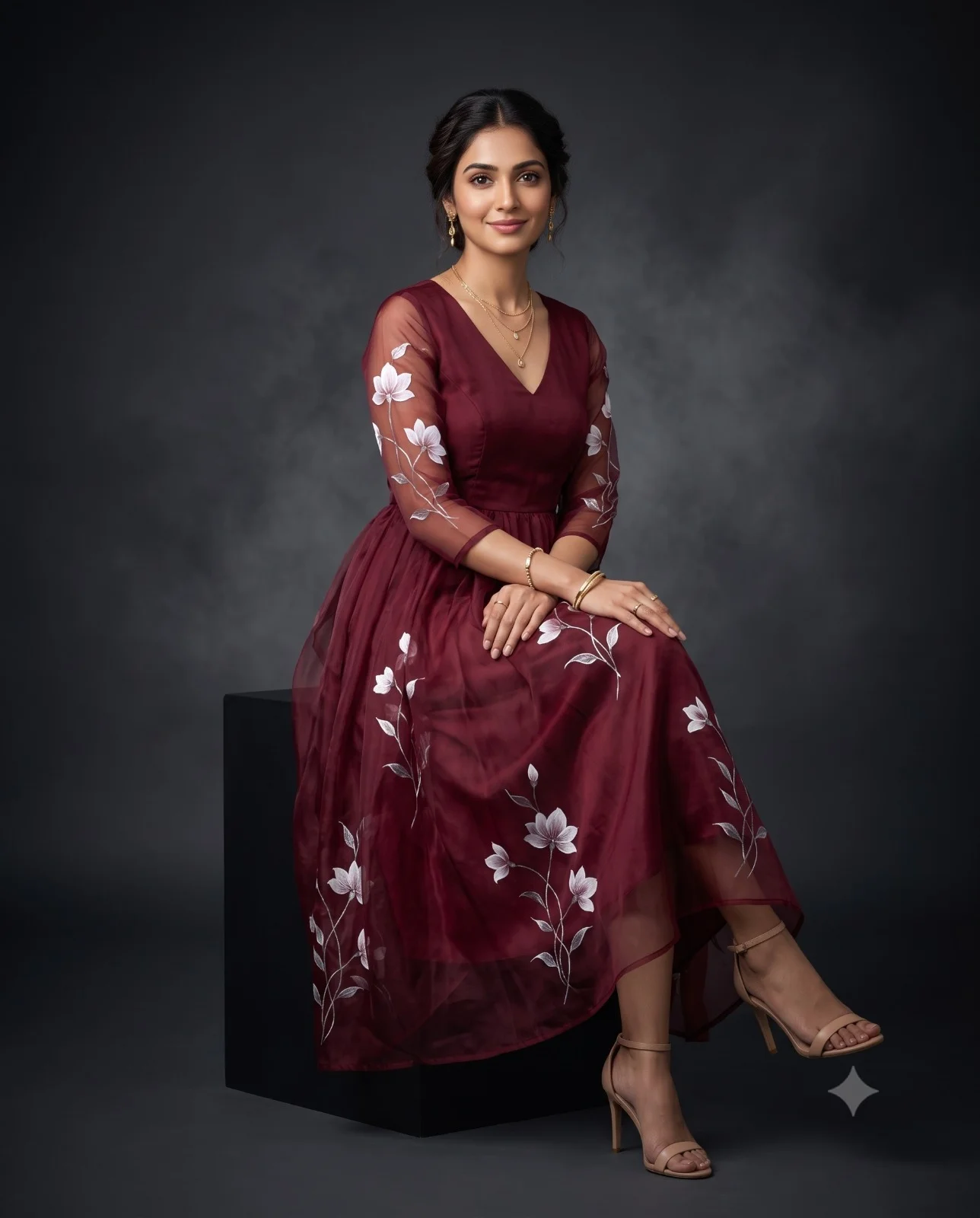 Woman seated in a burgundy organza dress with white floral details