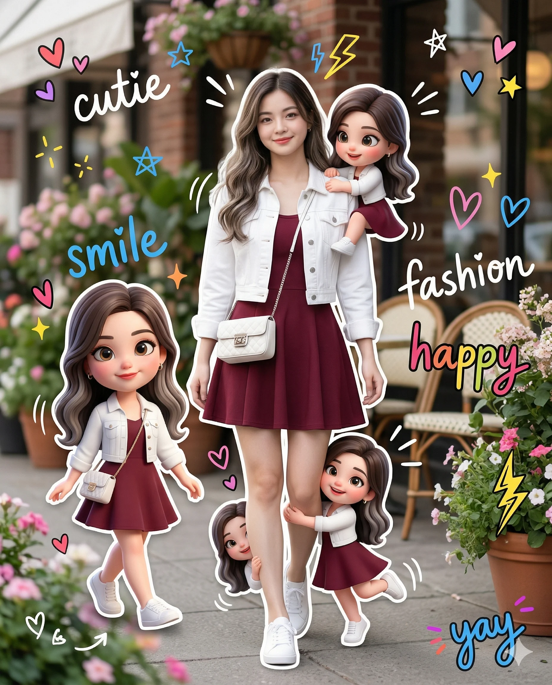 Smiling woman in a maroon dress surrounded by small chibi characters and doodles