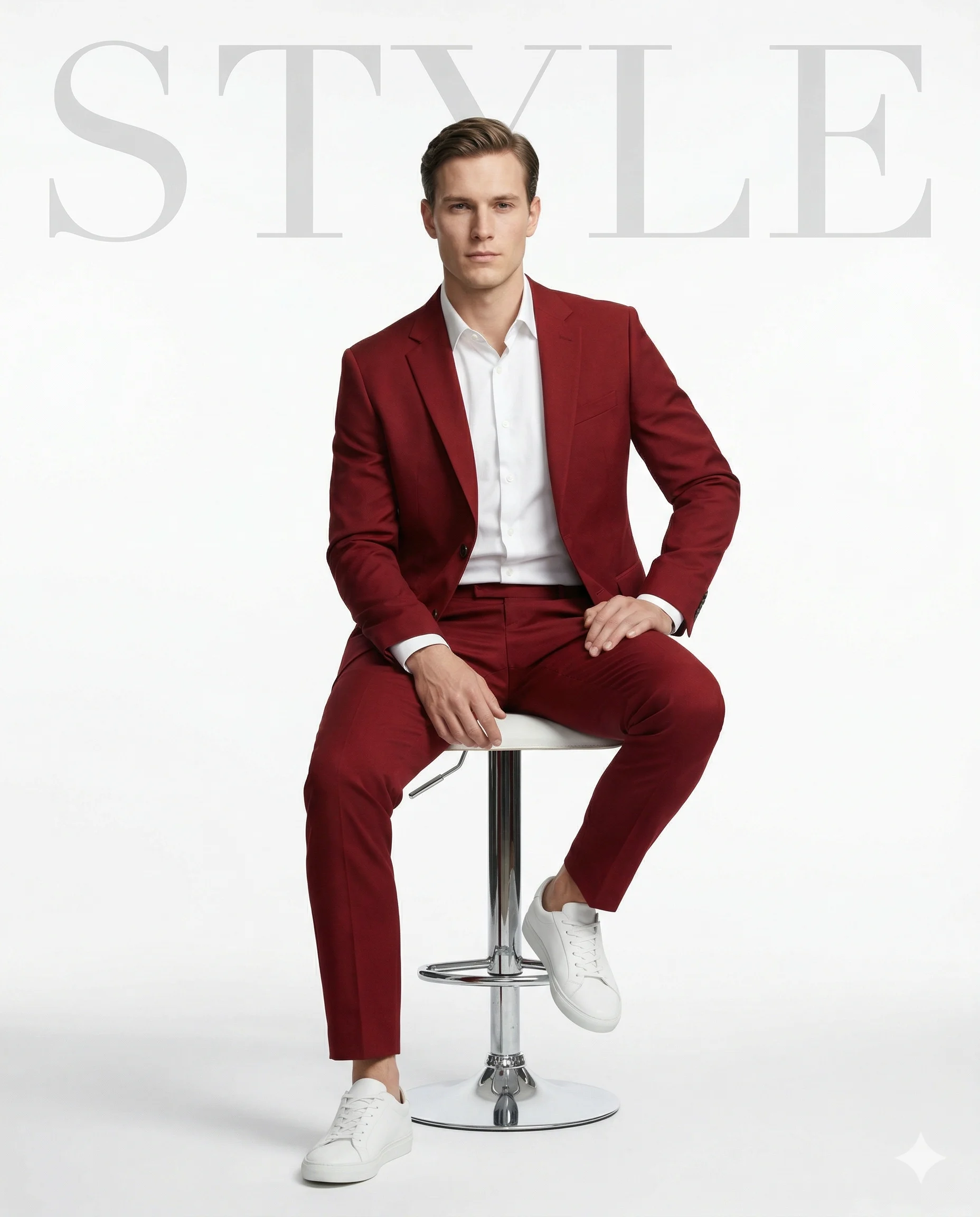 Man in a maroon suit and white sneakers seated on a white studio stool