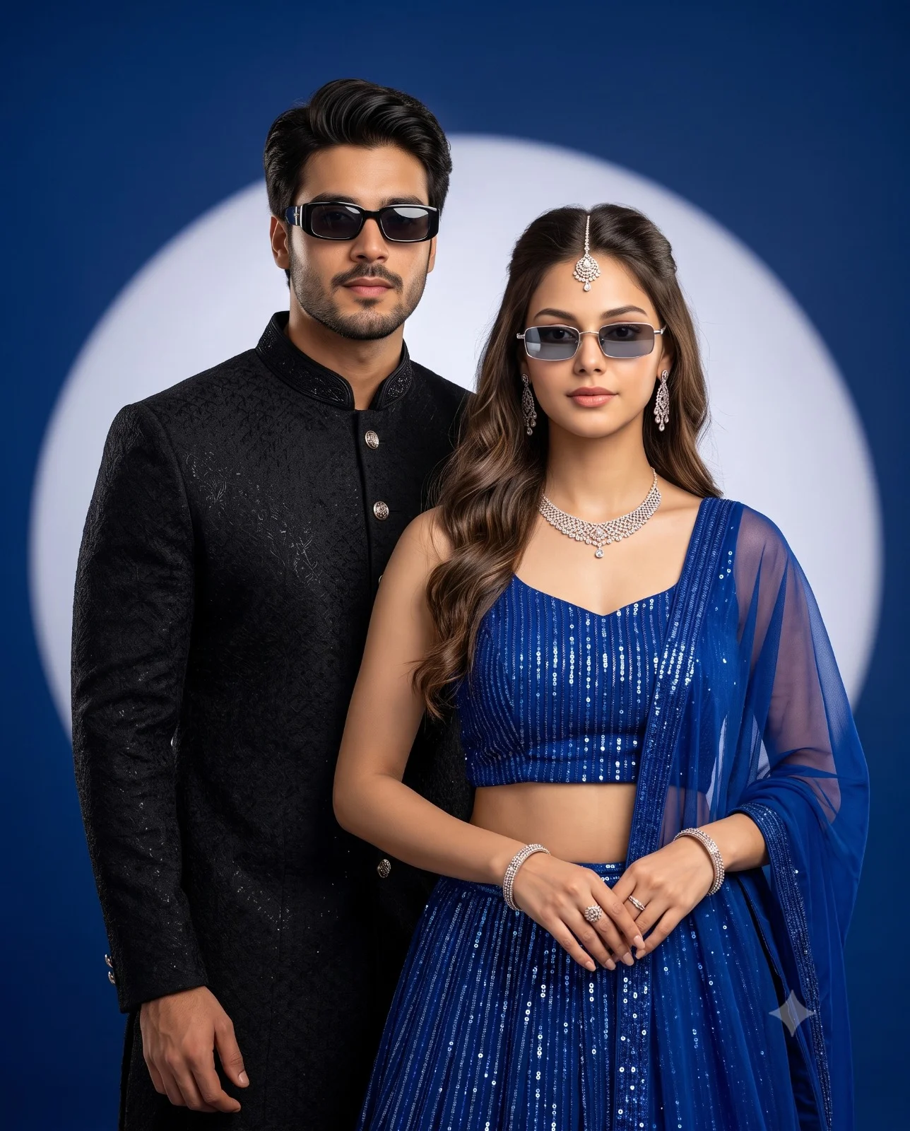 Couple wearing a black sherwani and blue sequined lehenga in a studio