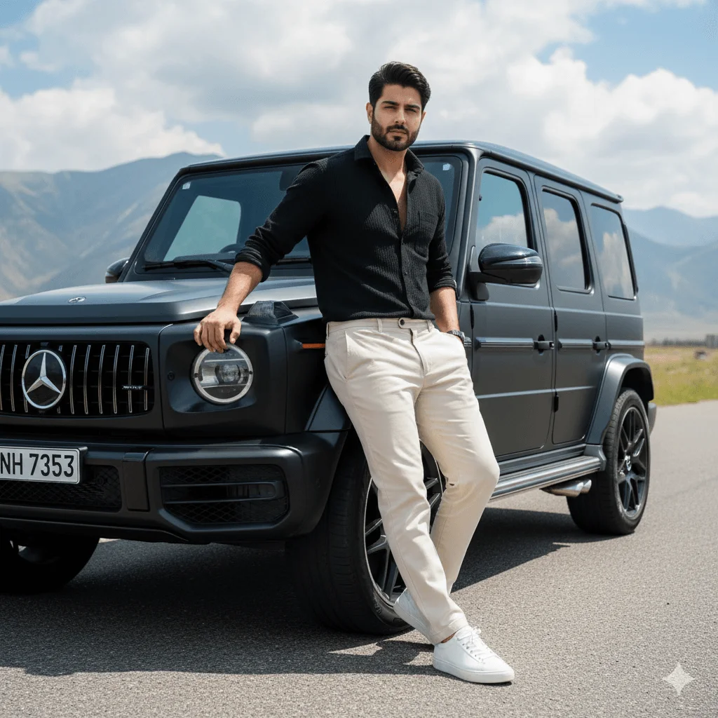 Man in a black shirt, cream trousers, and white shoes leaning against a matte-black luxury SUV