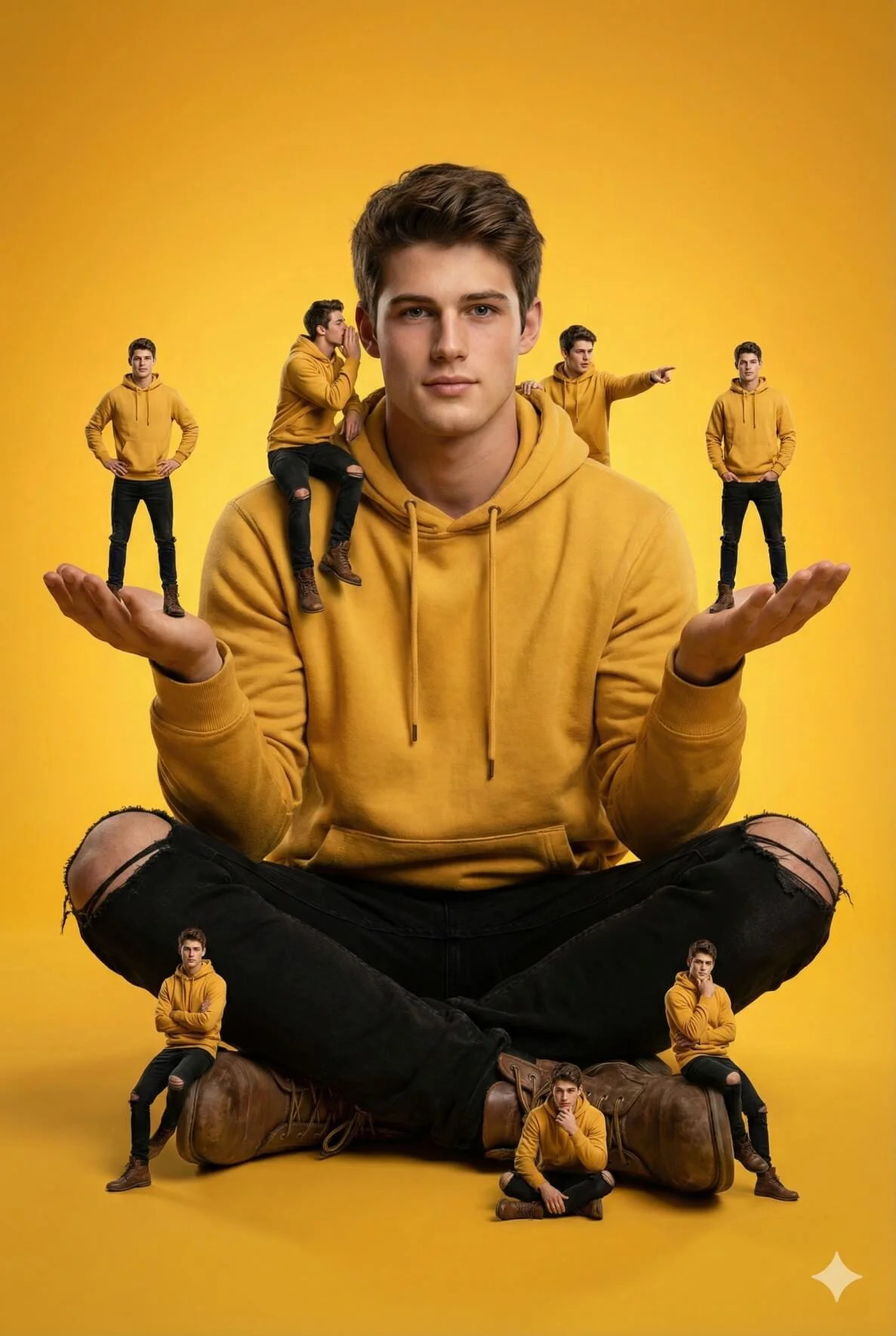 Man in a yellow hoodie seated among tiny lifelike clones of himself