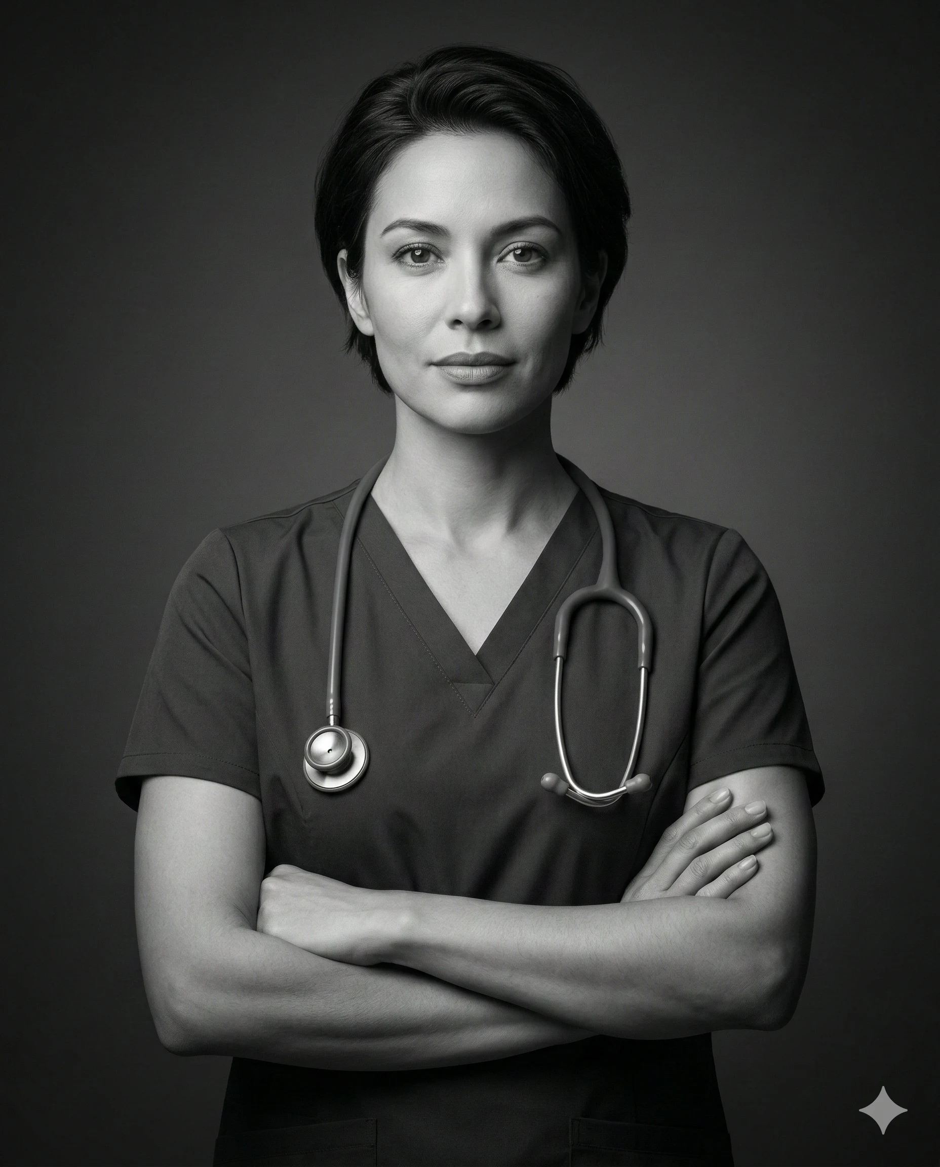 Woman in medical scrubs with crossed arms and a stethoscope in a black-and-white studio portrait