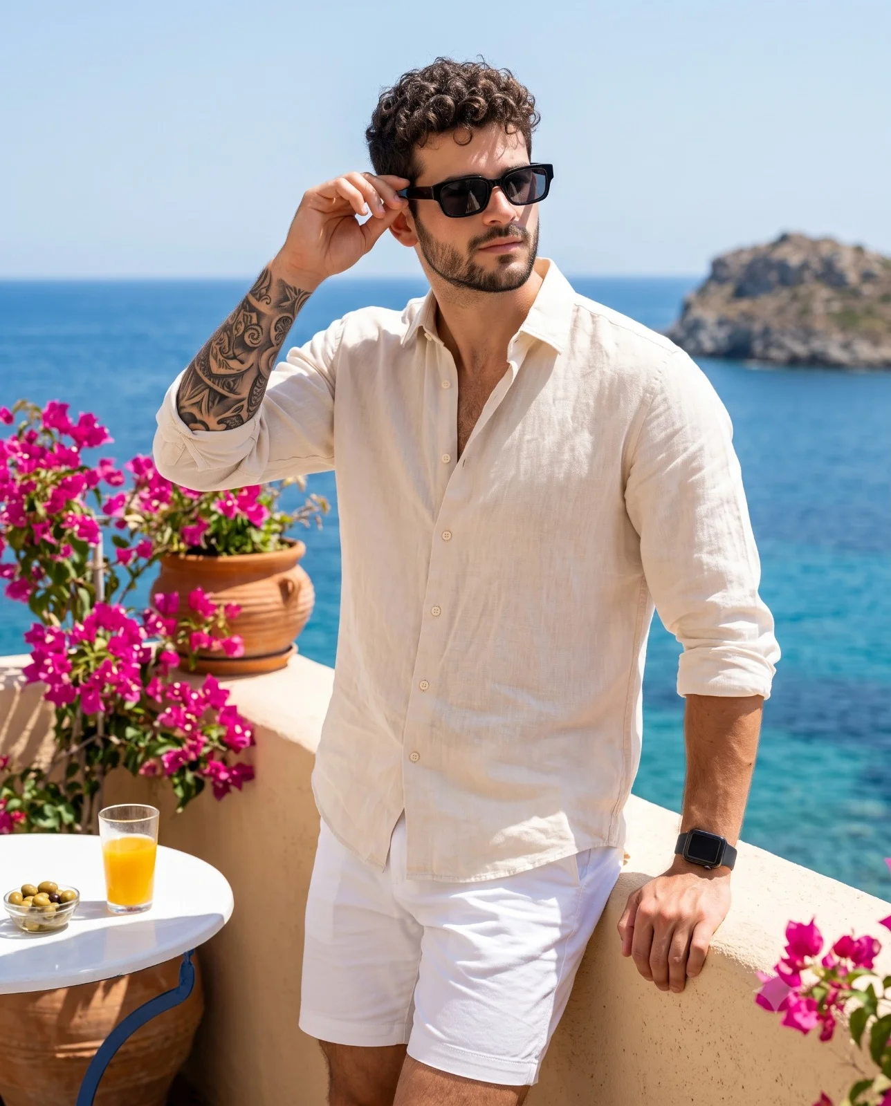 Man in a cream linen shirt standing on a flower-filled seaside terrace