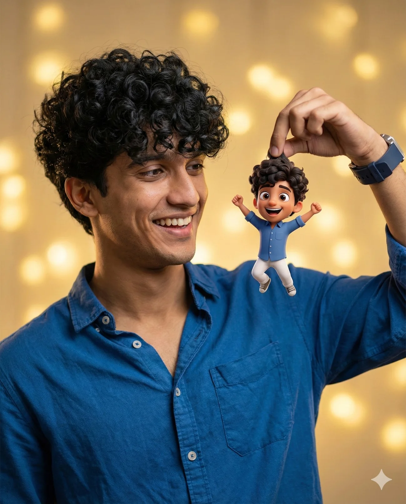 Smiling man holding a tiny animated version of himself by the hair between his fingers