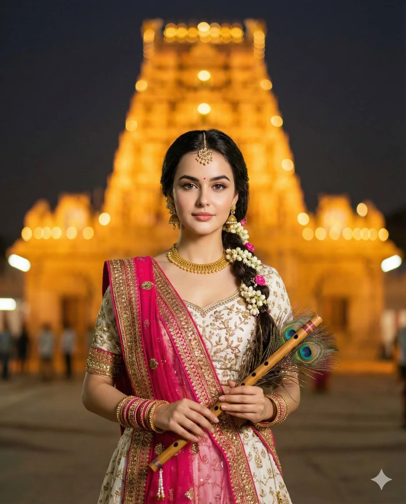 Woman in white-and-gold embroidered clothing holding a flute before an illuminated temple