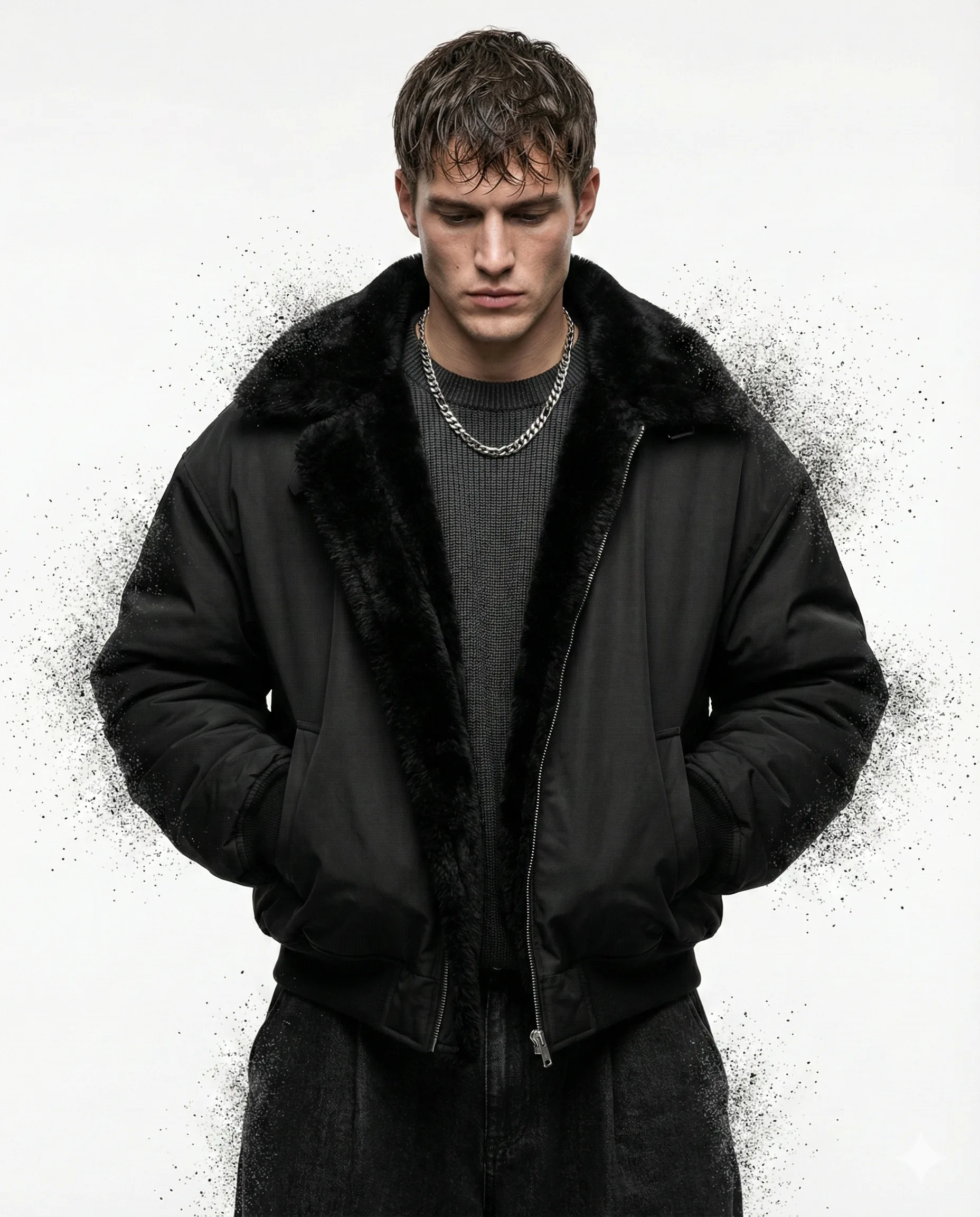 Brooding man in an oversized black fur-lined bomber jacket on white