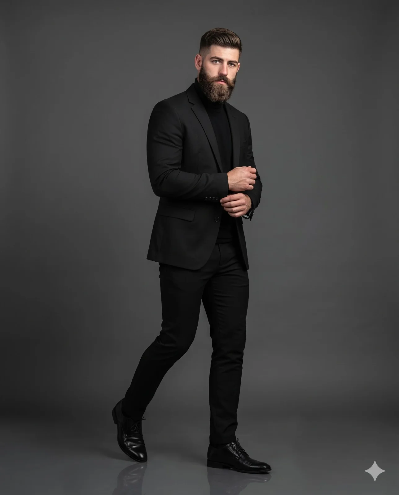 Man in an all-black suit walking mid-stride across a gray studio