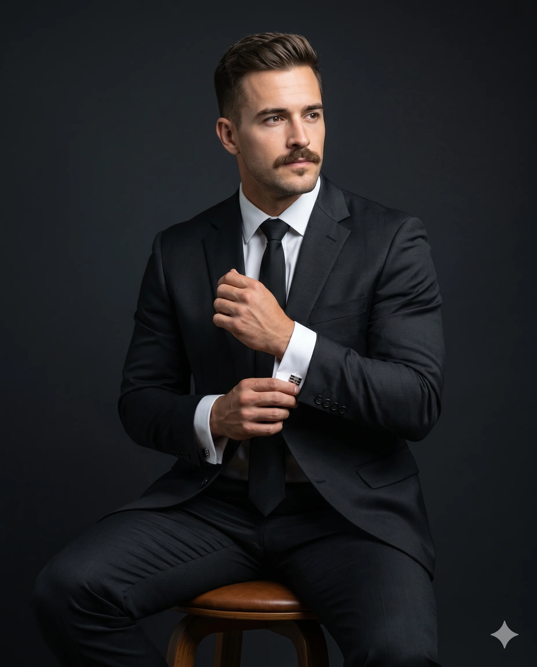 Seated man in a charcoal suit adjusting his cufflink in a dark studio