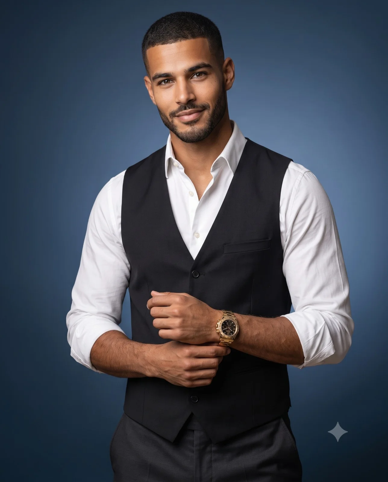Man in a black waistcoat adjusting a gold wristwatch