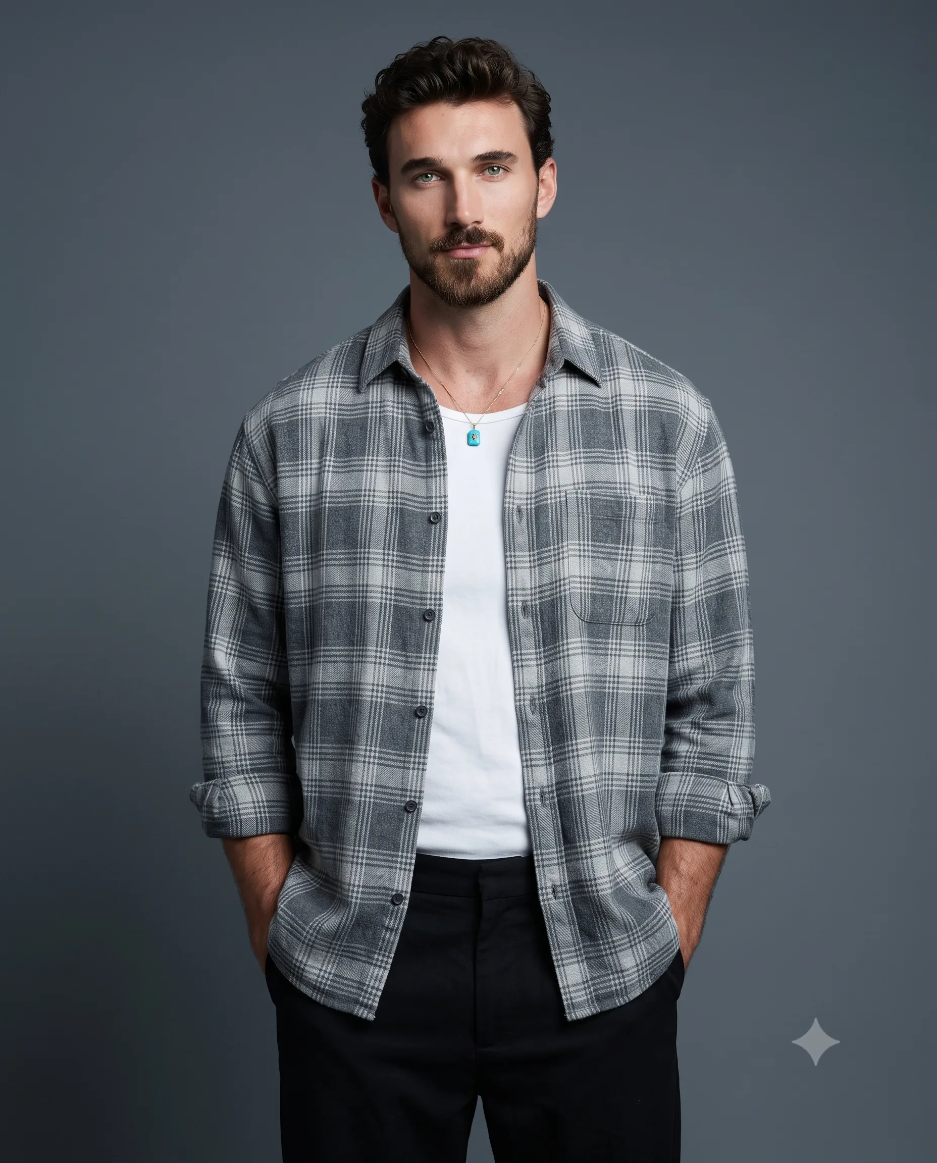 Man in an open gray plaid flannel shirt standing against a gray backdrop