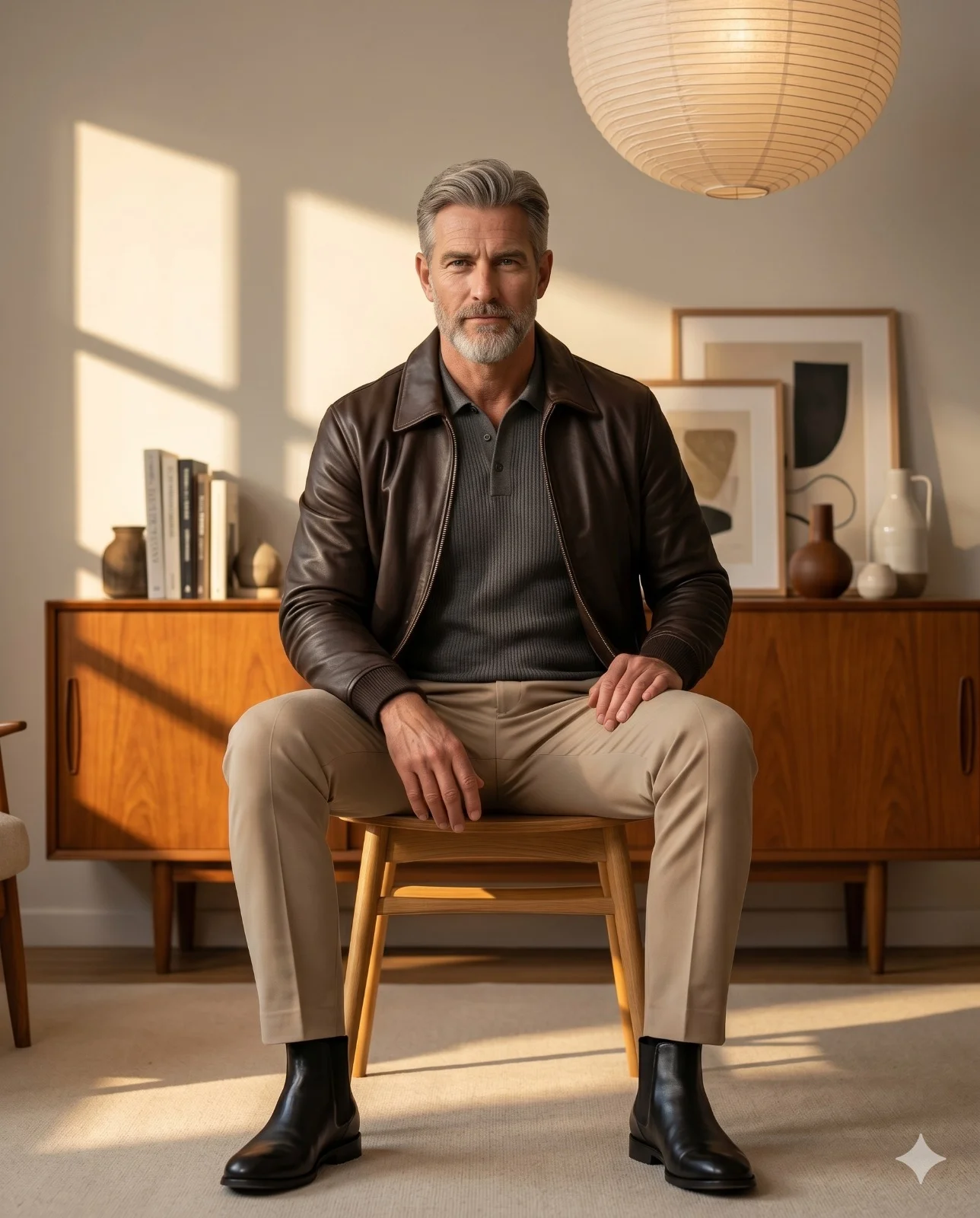 Man in a brown leather jacket seated in a sunlit mid-century room
