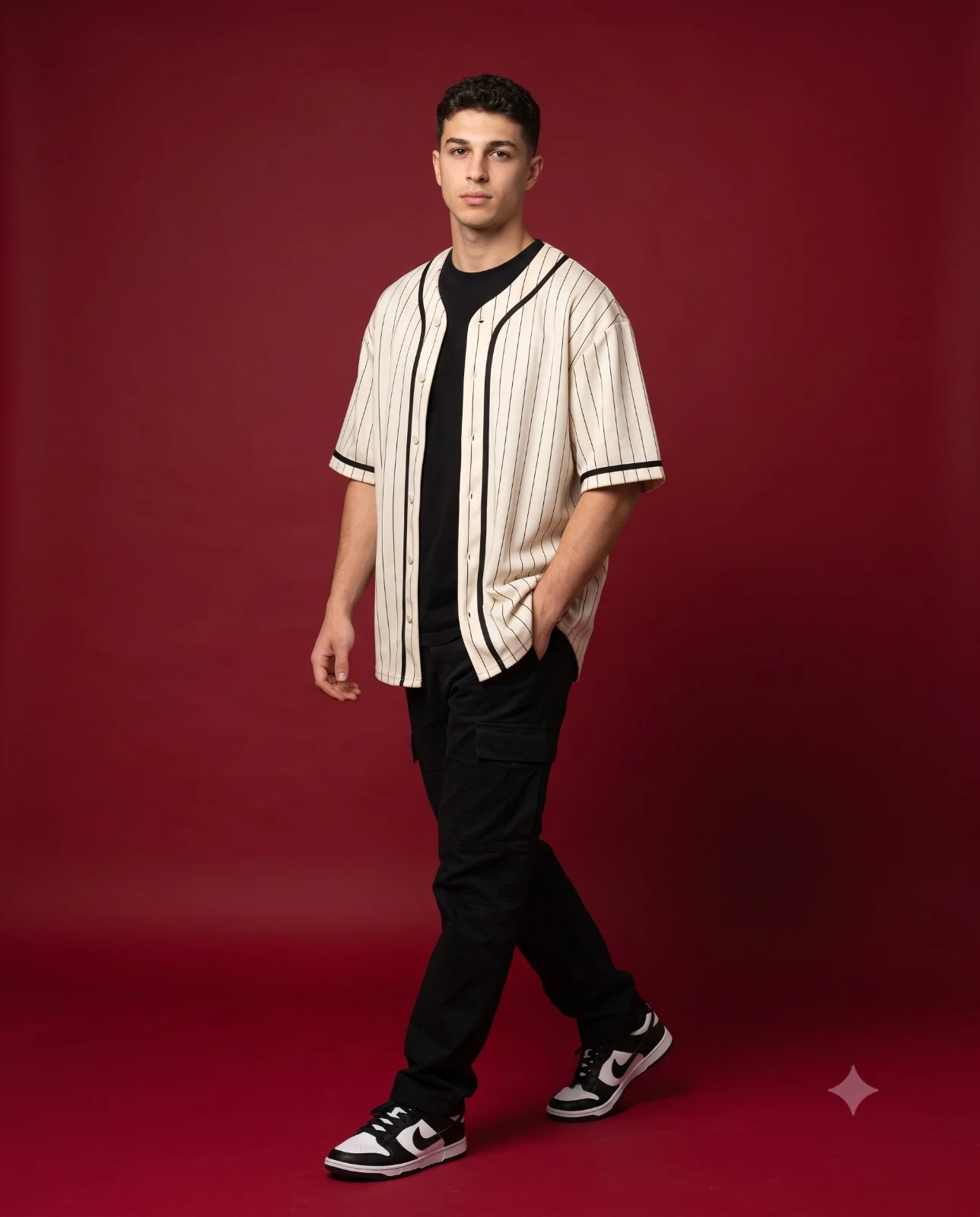Man walking in a cream pinstripe jersey and black cargo pants against a red studio background