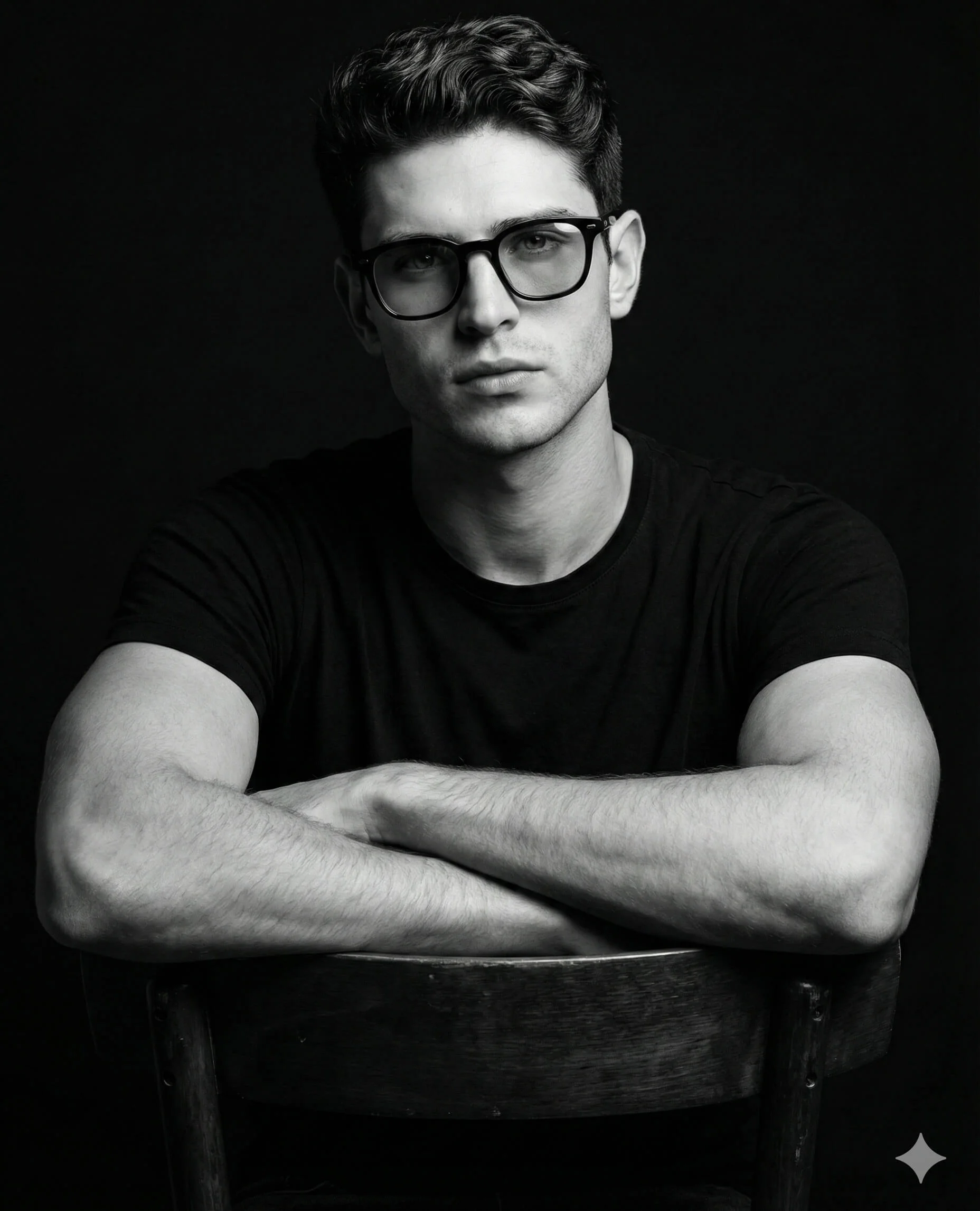Man in a black T-shirt and square glasses seated backward on a wooden chair