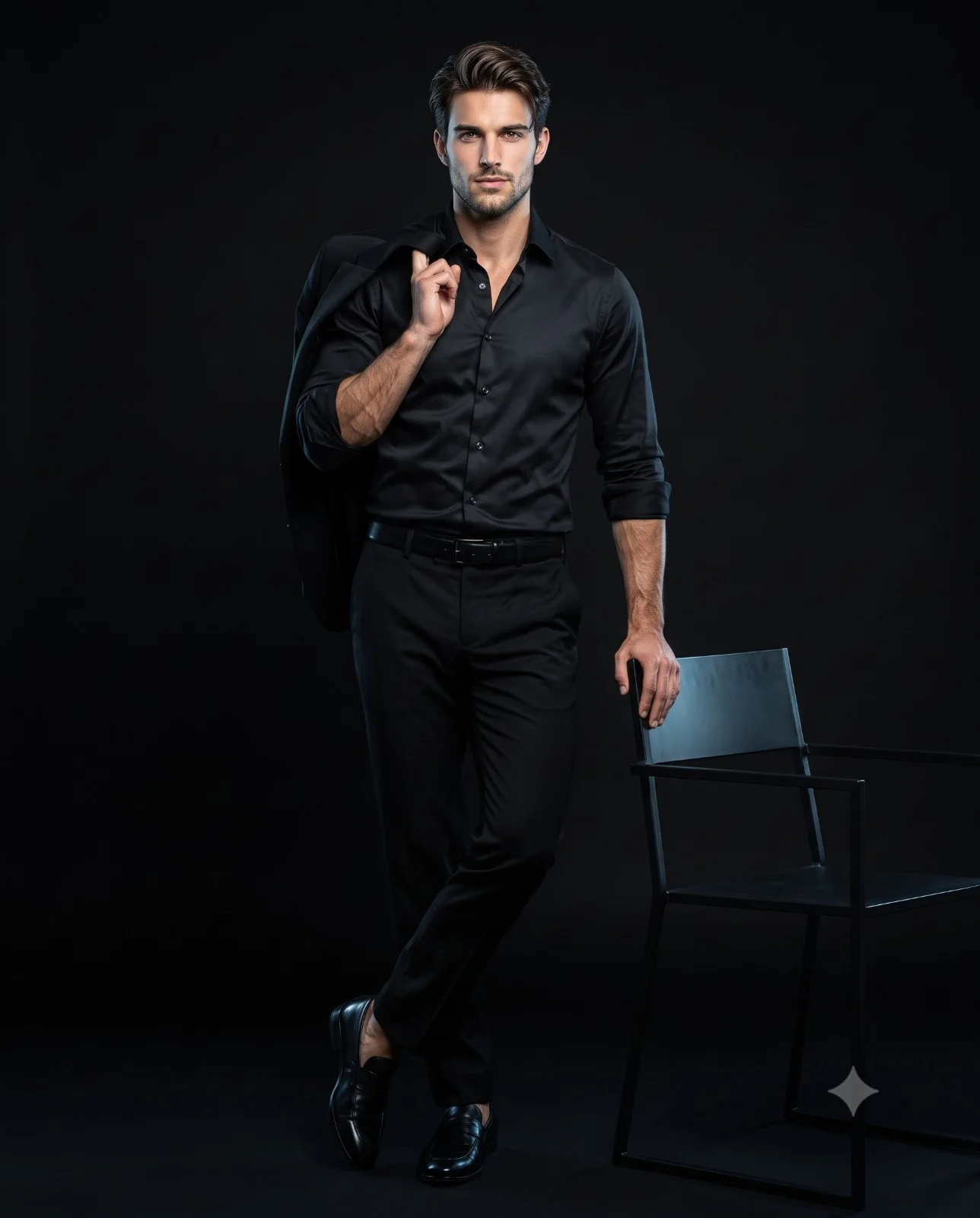 Man in an all-black formal outfit standing beside a black metal chair in a dark studio