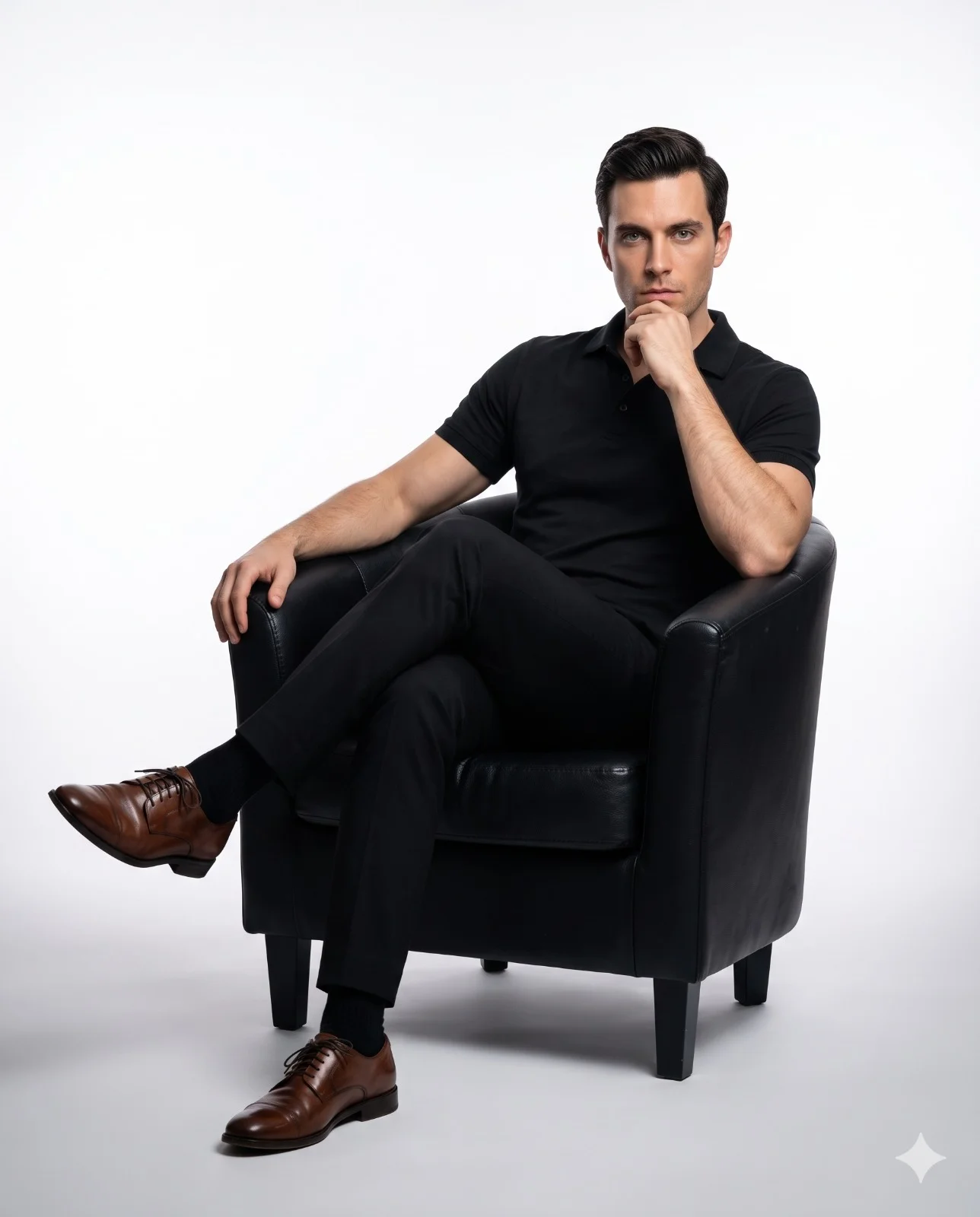 Man in a black polo and trousers seated with crossed legs in a black leather armchair