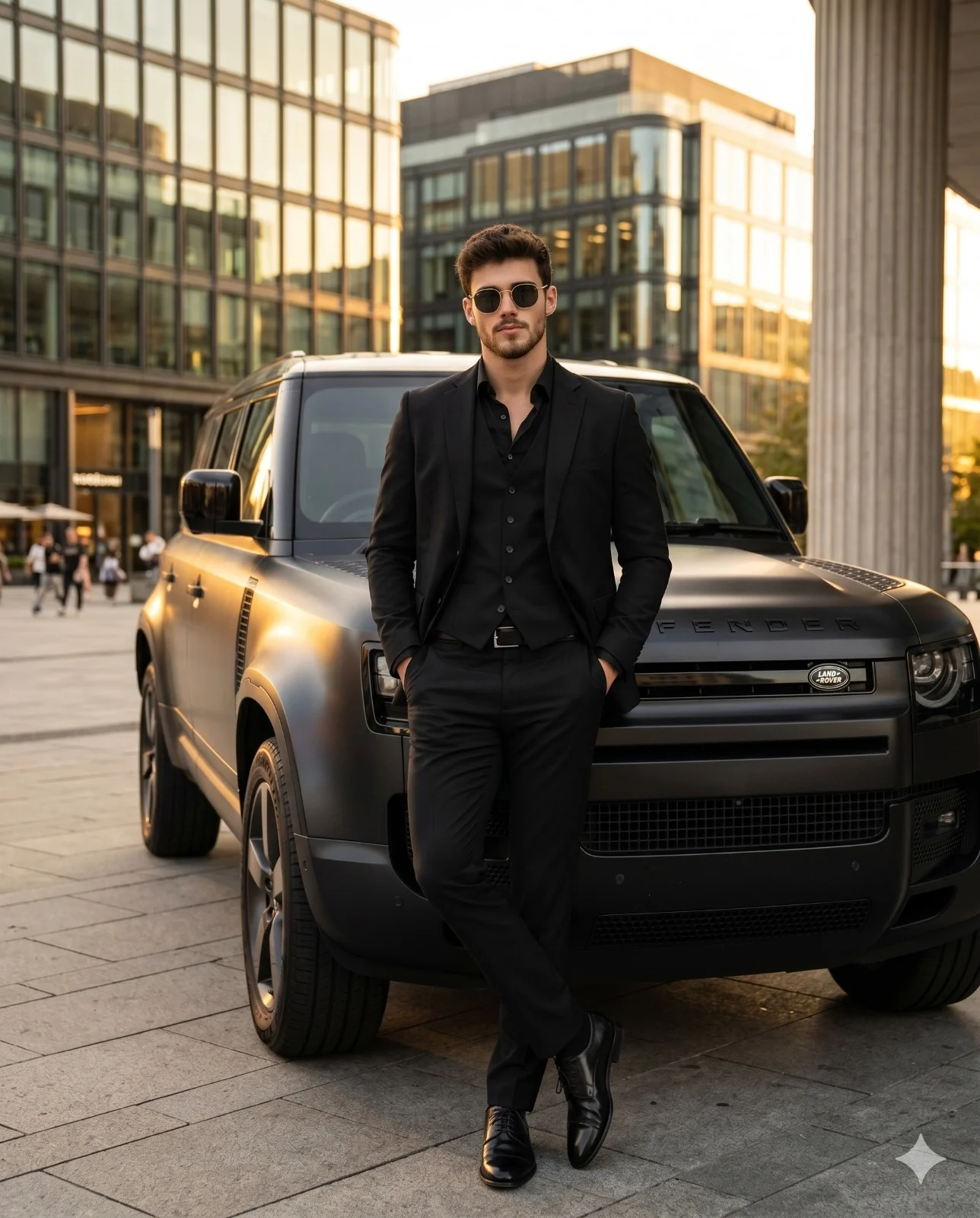 Man in a black suit and sunglasses leaning against a dark SUV on a sunlit city plaza